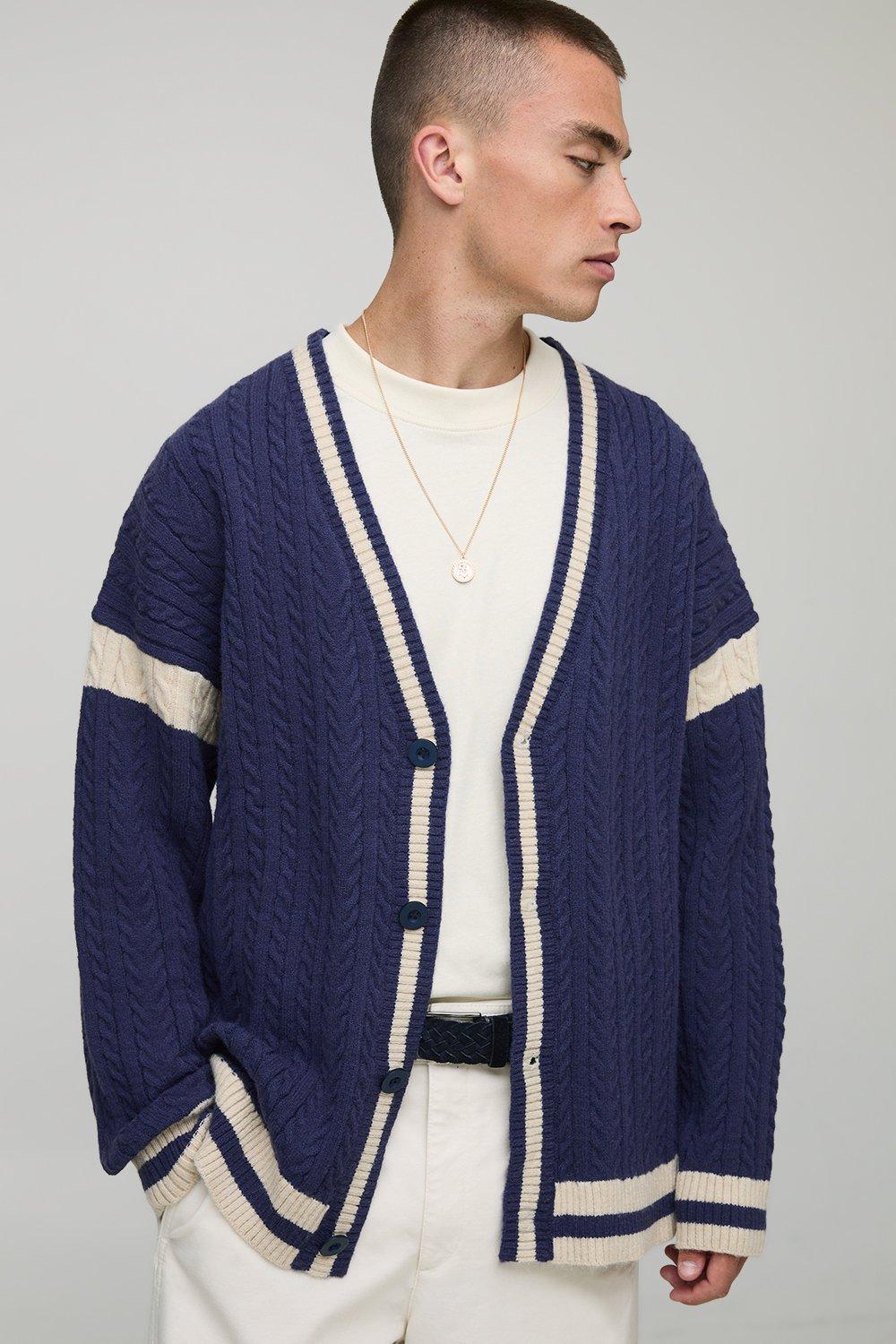 Mens Navy Oversized Drop Shoulder Boucle Twisted Knitted Cardigan, Navy