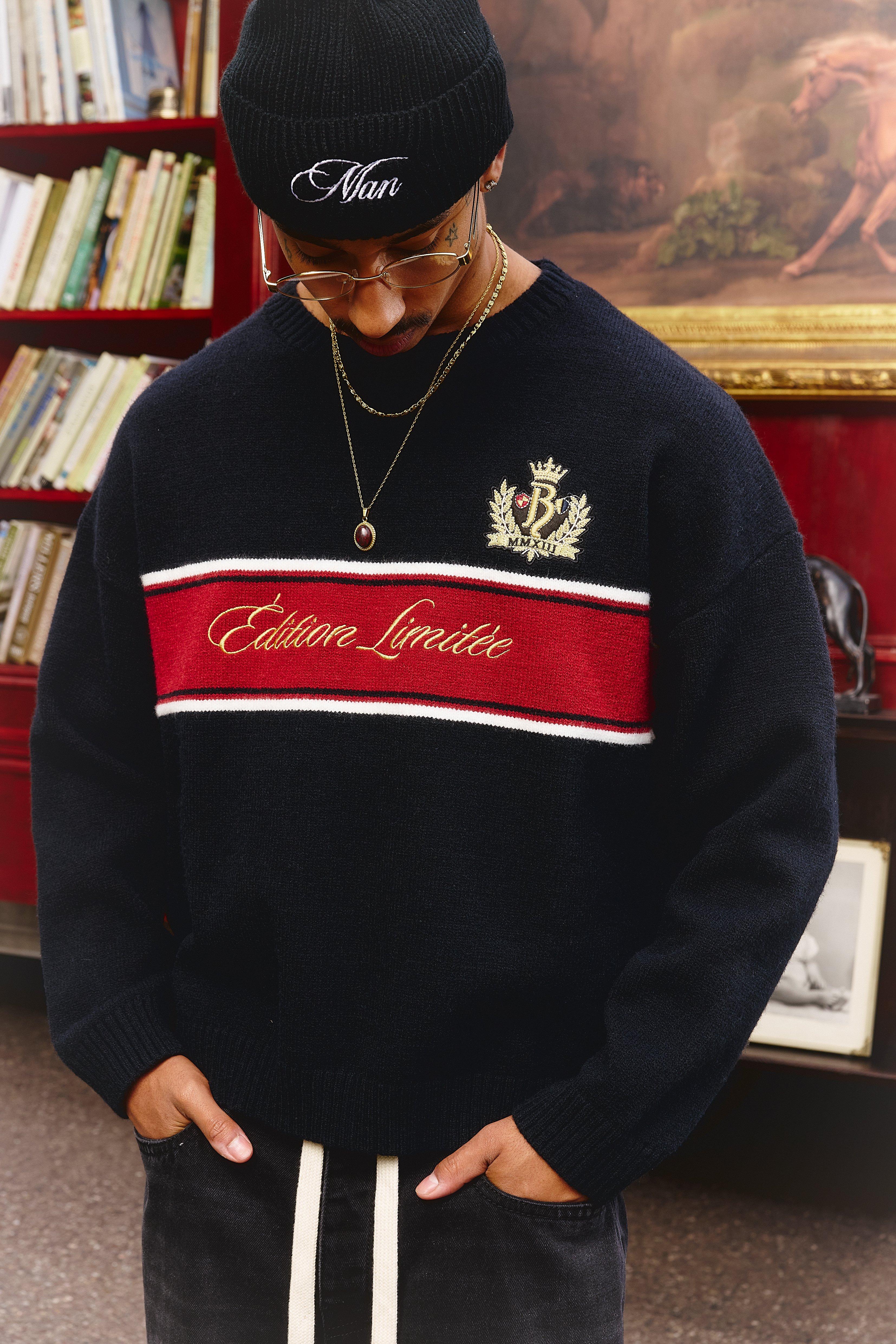 Mens Black Boxy Embroidered Varsity Knitted Jumper, Black