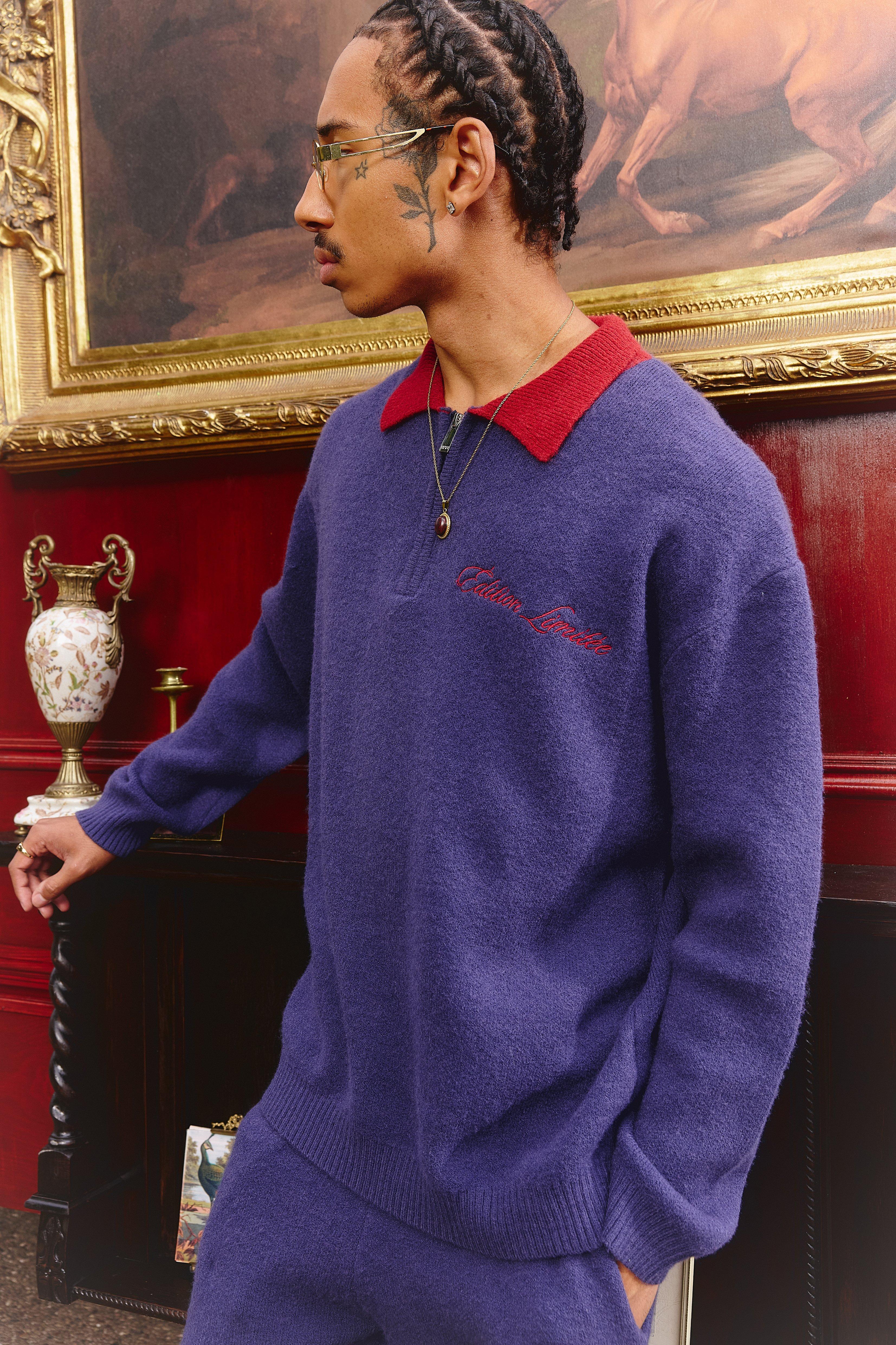 Mens Navy Oversized Varsity Applique Embroidered Knitted Polo Jumper, Navy