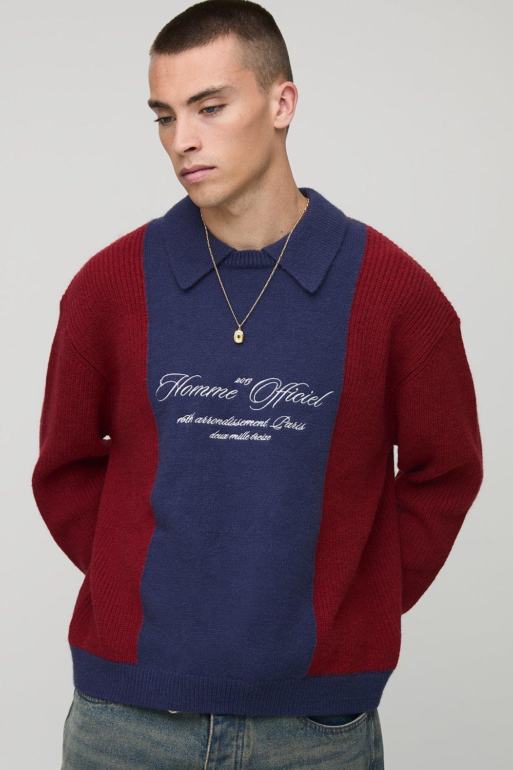 Oversized Embroidered Panel Knitted Polo Jumper