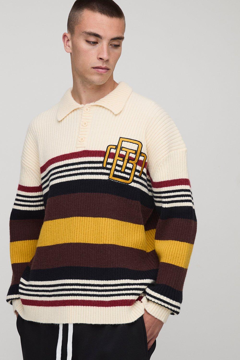 Image of Oversized Embroidered Varsity Panel Ribbed Knitted Jumper Polo, Cream