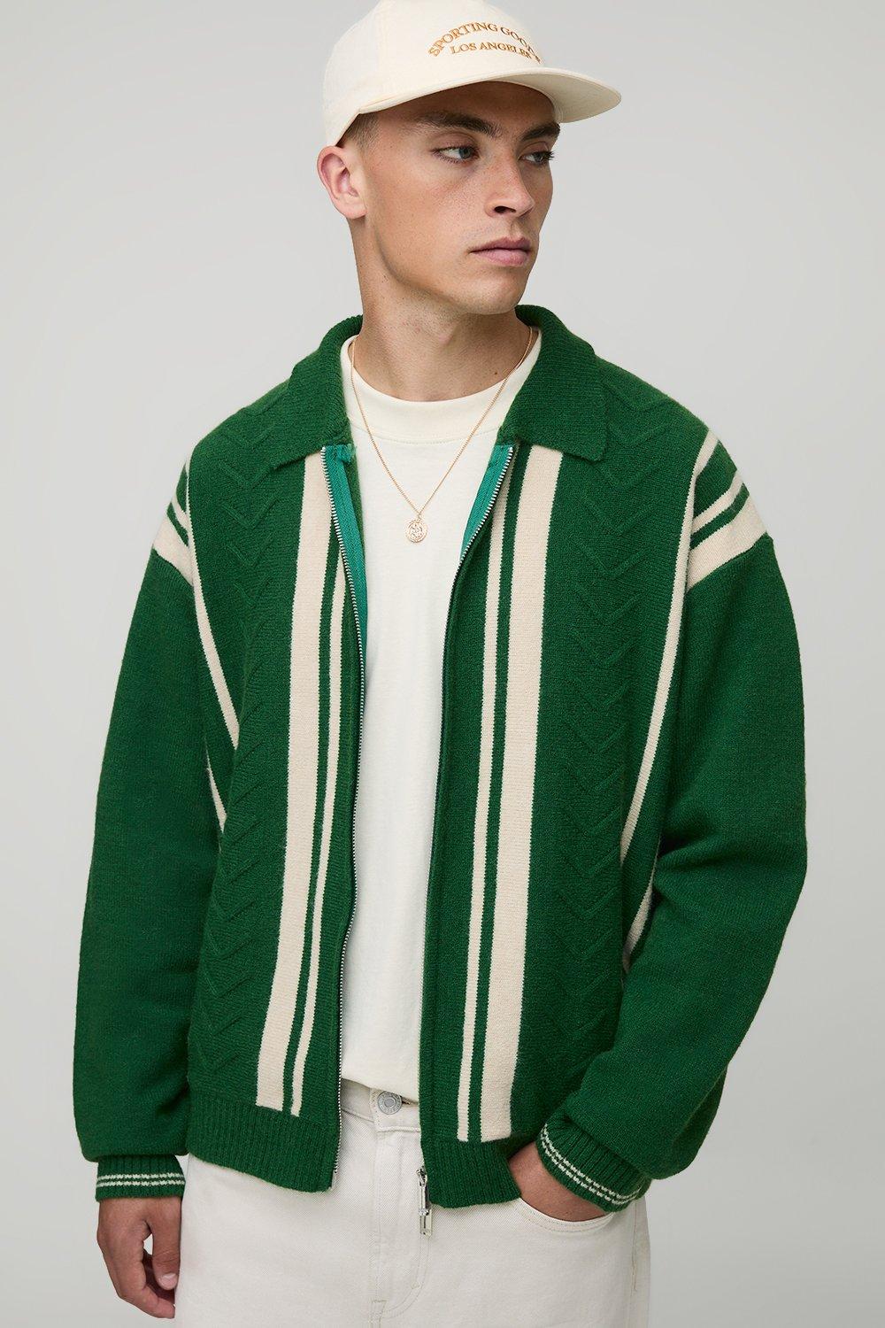 Mens Green Regular Fit Embroidered Striped Zip Through Knitted Polo, Green
