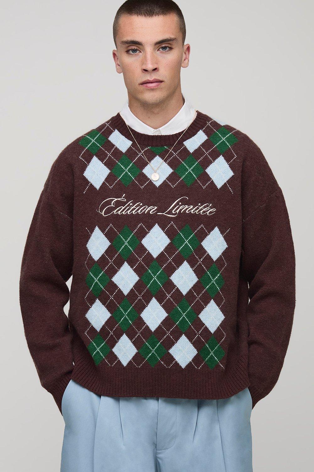 Mens Brown Boxy Embroidered Diamond Knitted Jumper, Brown