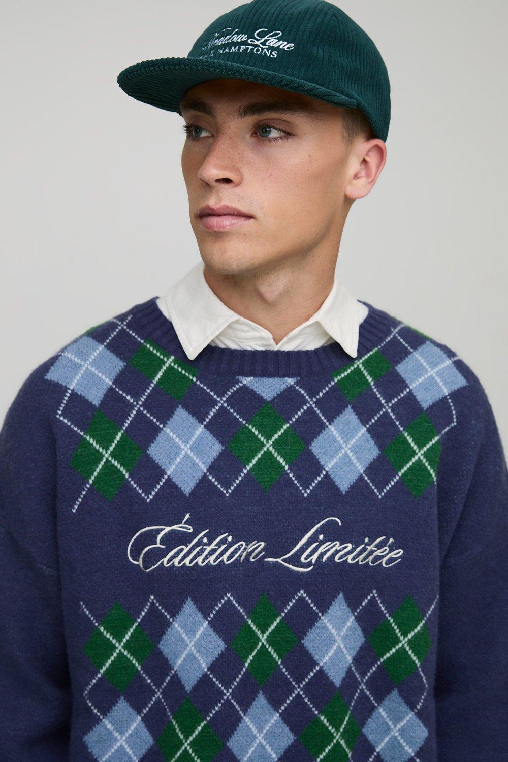 Mens Navy Boxy Embroidered Diamond Knitted Jumper, Navy