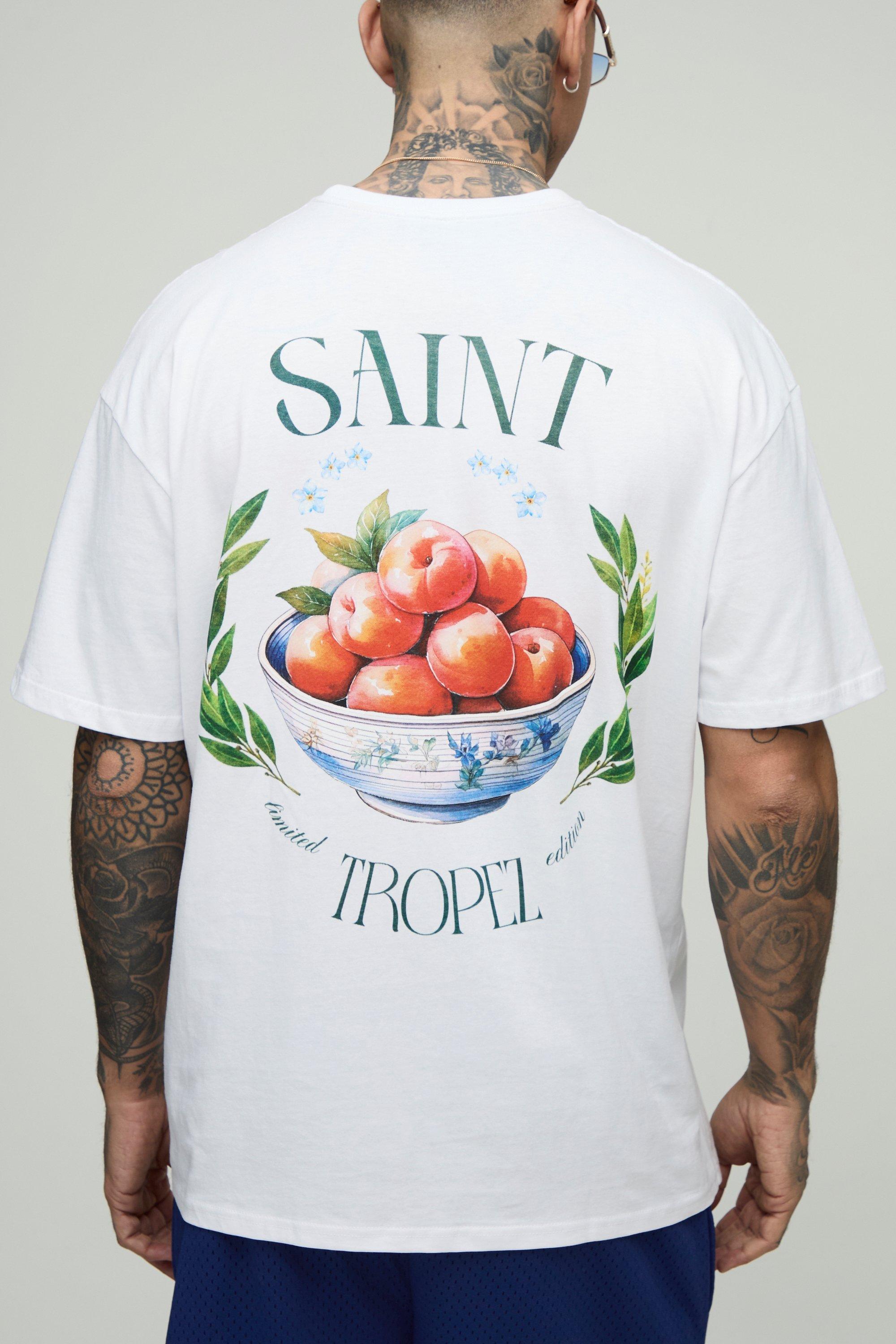 Mens White Tall Oversized Saint Tropez Fruit Bowl Print T-Shirt, White