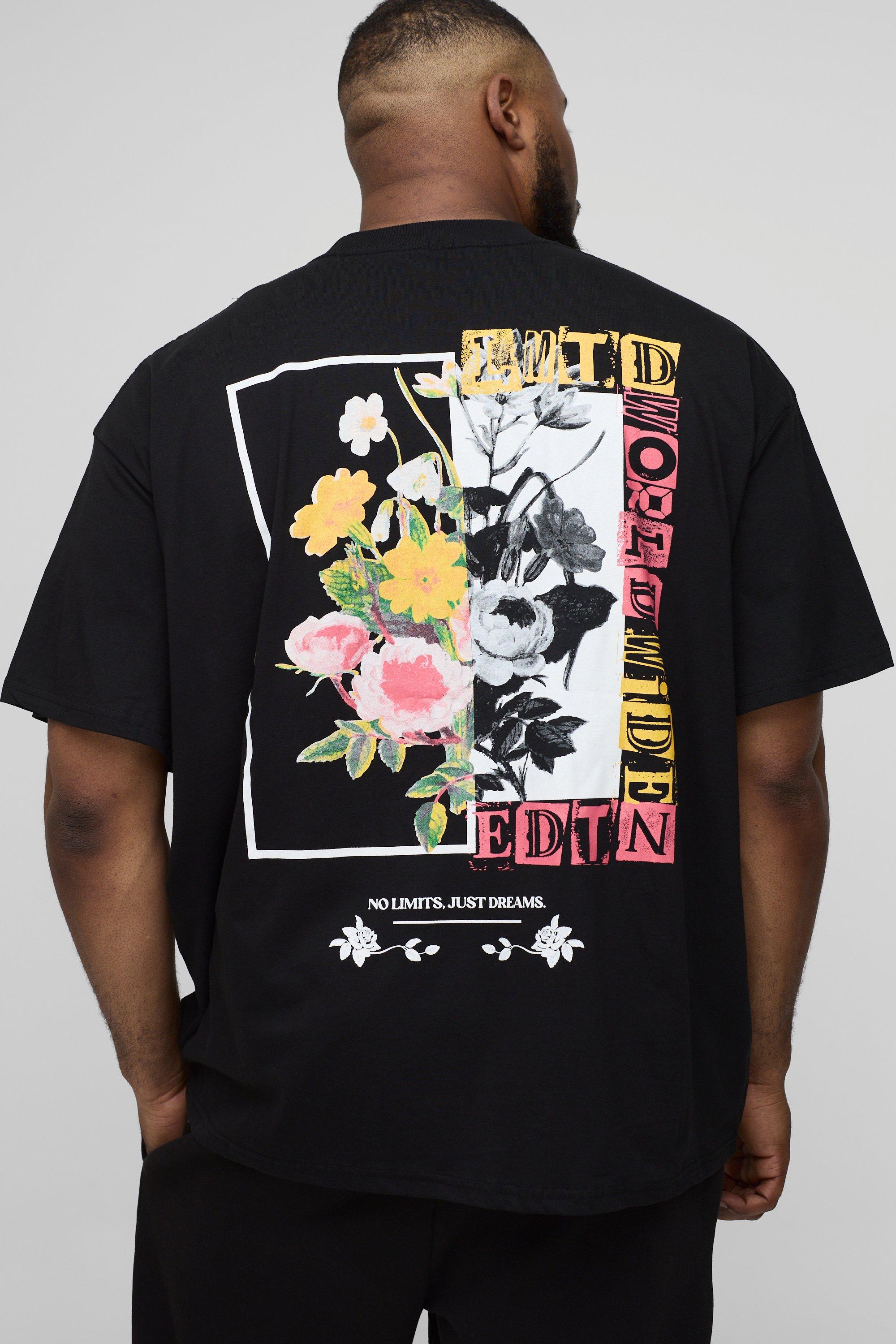 Image of T-shirt Plus Size oversize con stampa a fiori e girocollo esteso, Nero