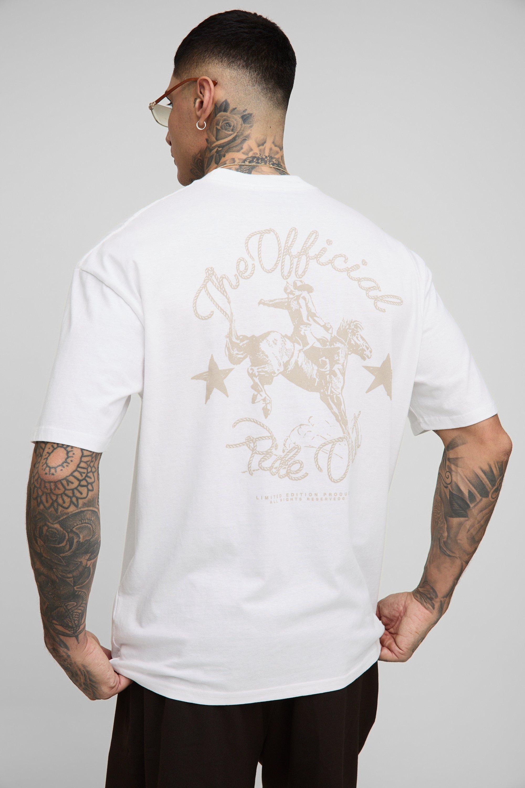 Mens White Tall Oversized Extended Neck Western Print T-Shirt, White