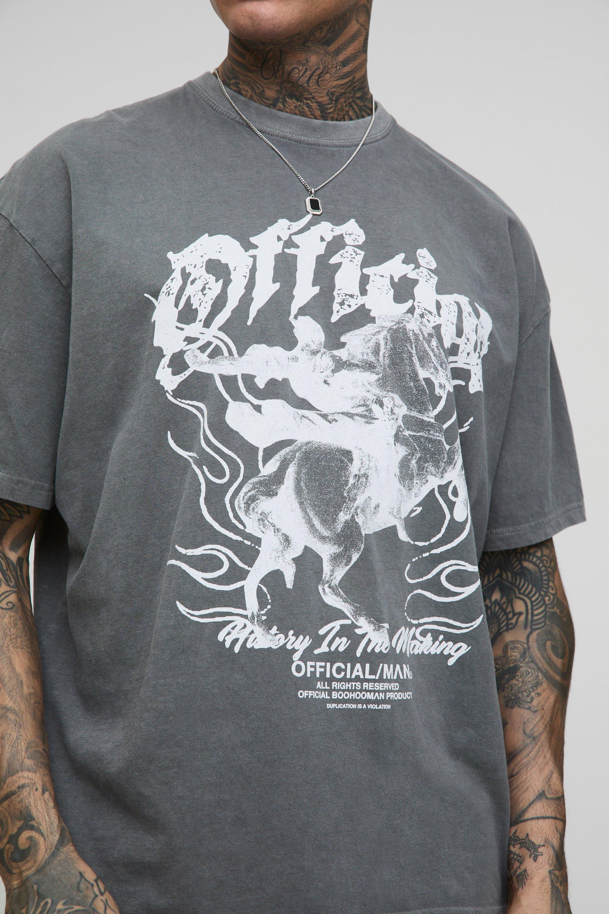 Image of T-shirt Tall oversize slavata con stampa rinascimentale, Grigio