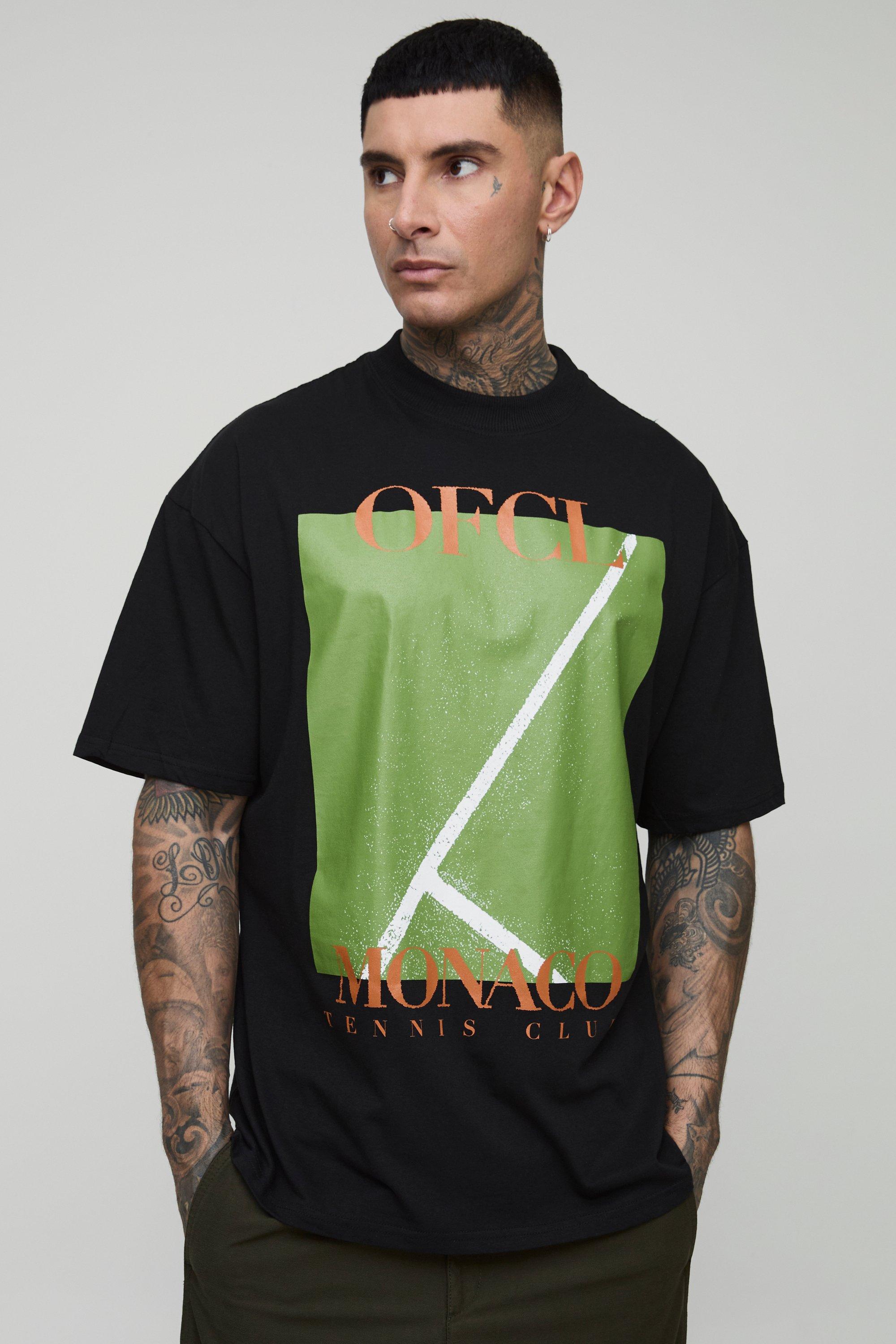 Mens Black Tall Oversized Extended Neck Monaco Tennis Club Print T-Shirt, Black
