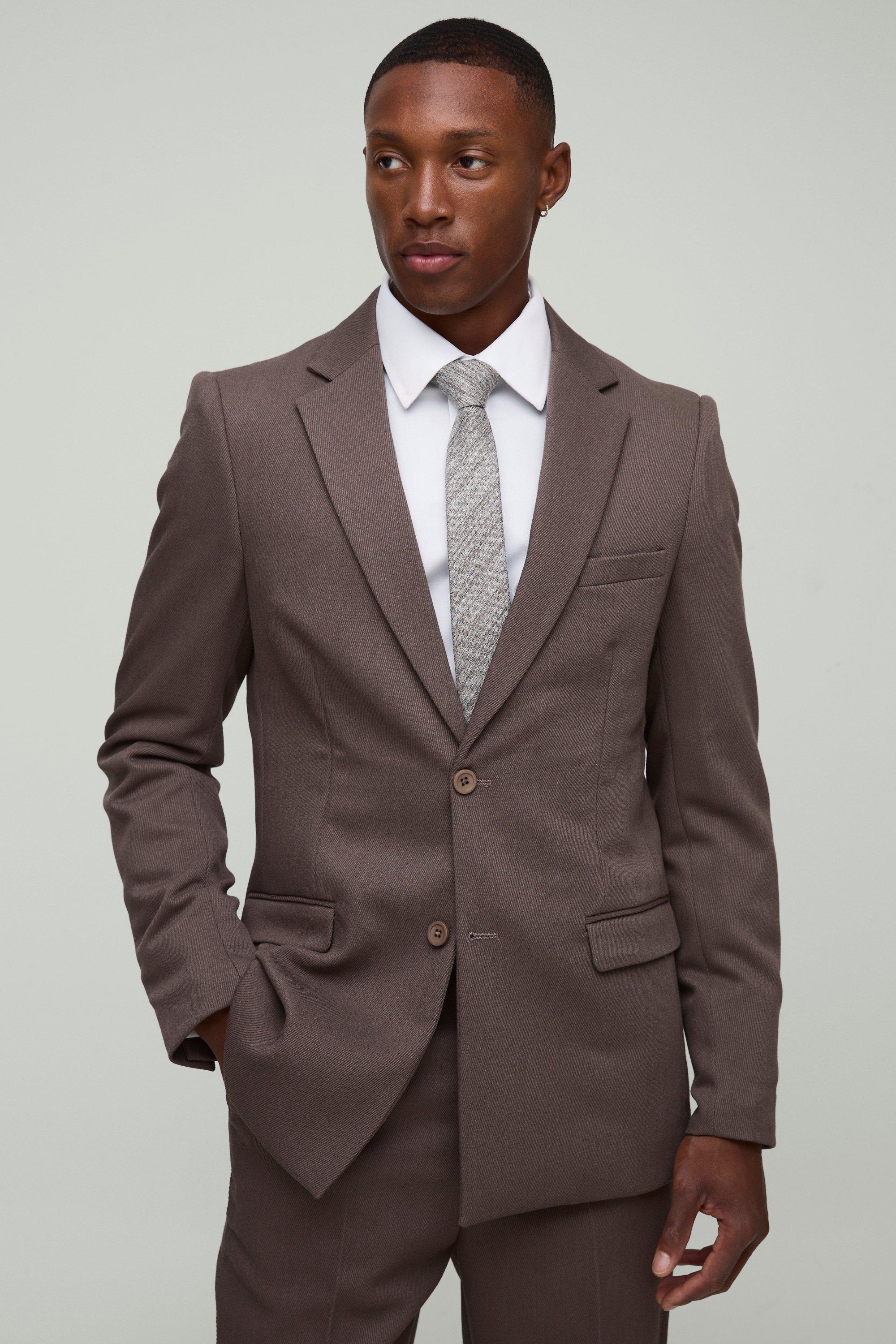 Mens Beige Slim Fit Single Breasted Twill Blazer, Beige