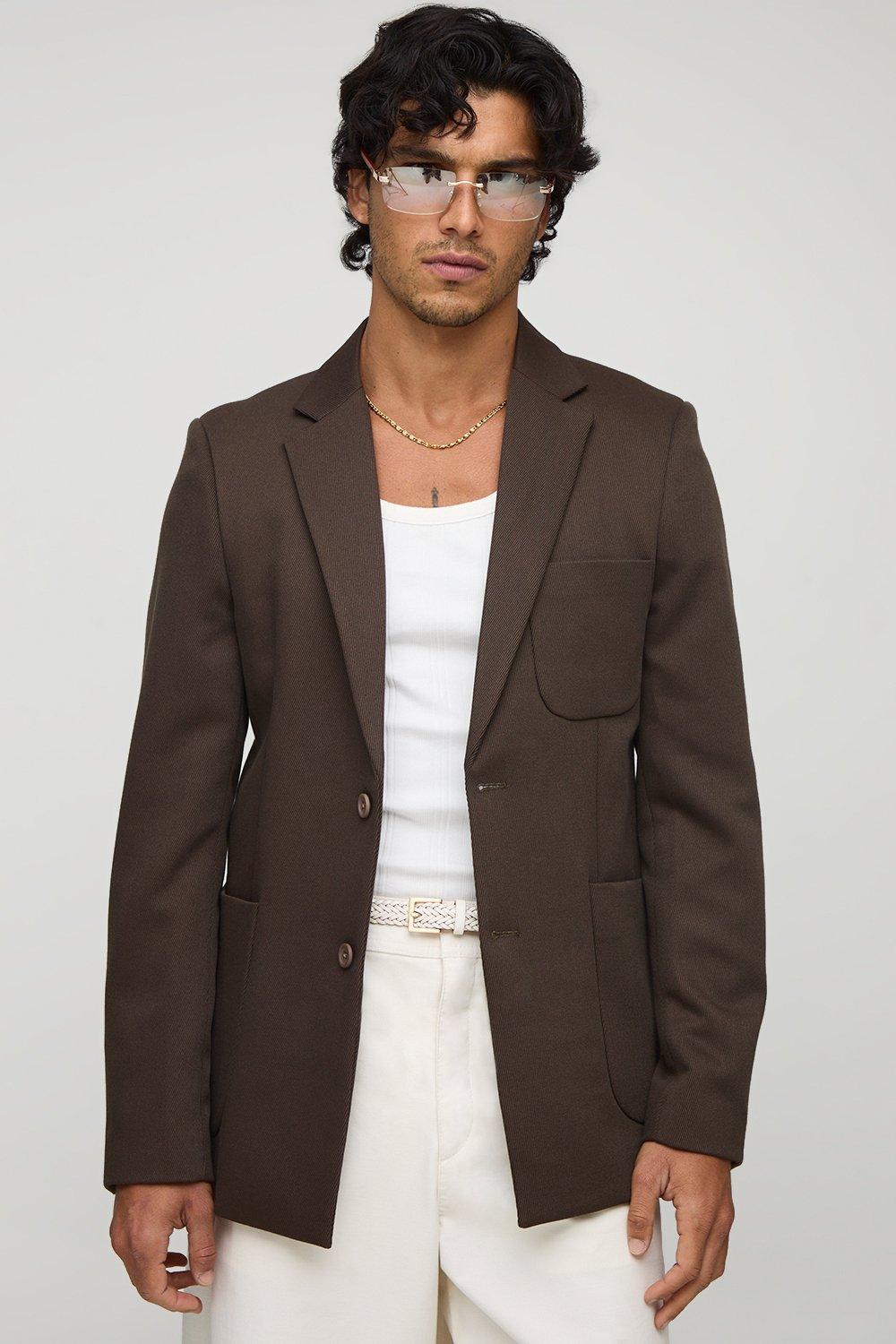Mens Brown Slim Fit Single Breasted Twill Pocket Detail Blazer, Brown
