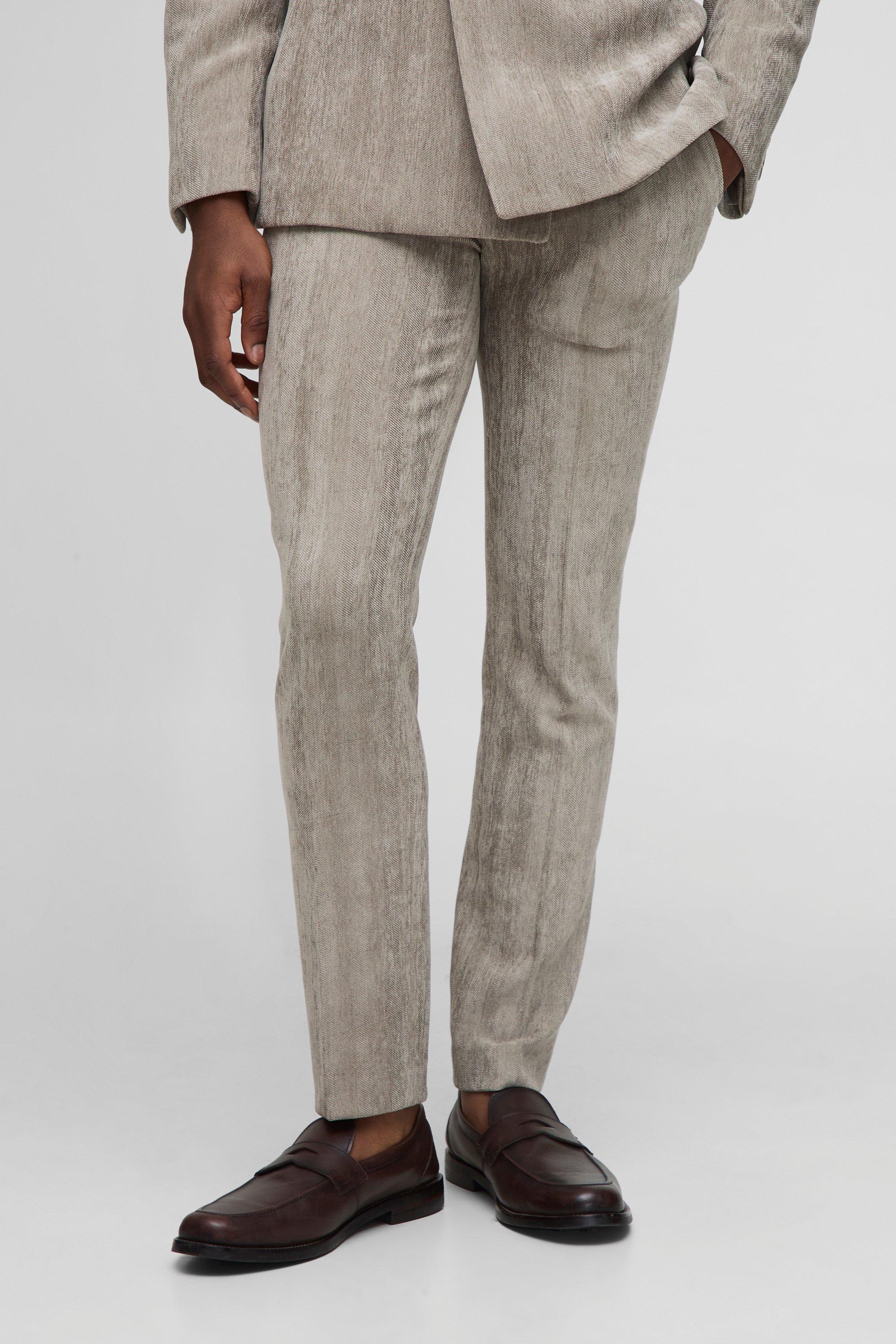 Mens Beige Skinny Fit Herringbone Cord Trousers, Beige