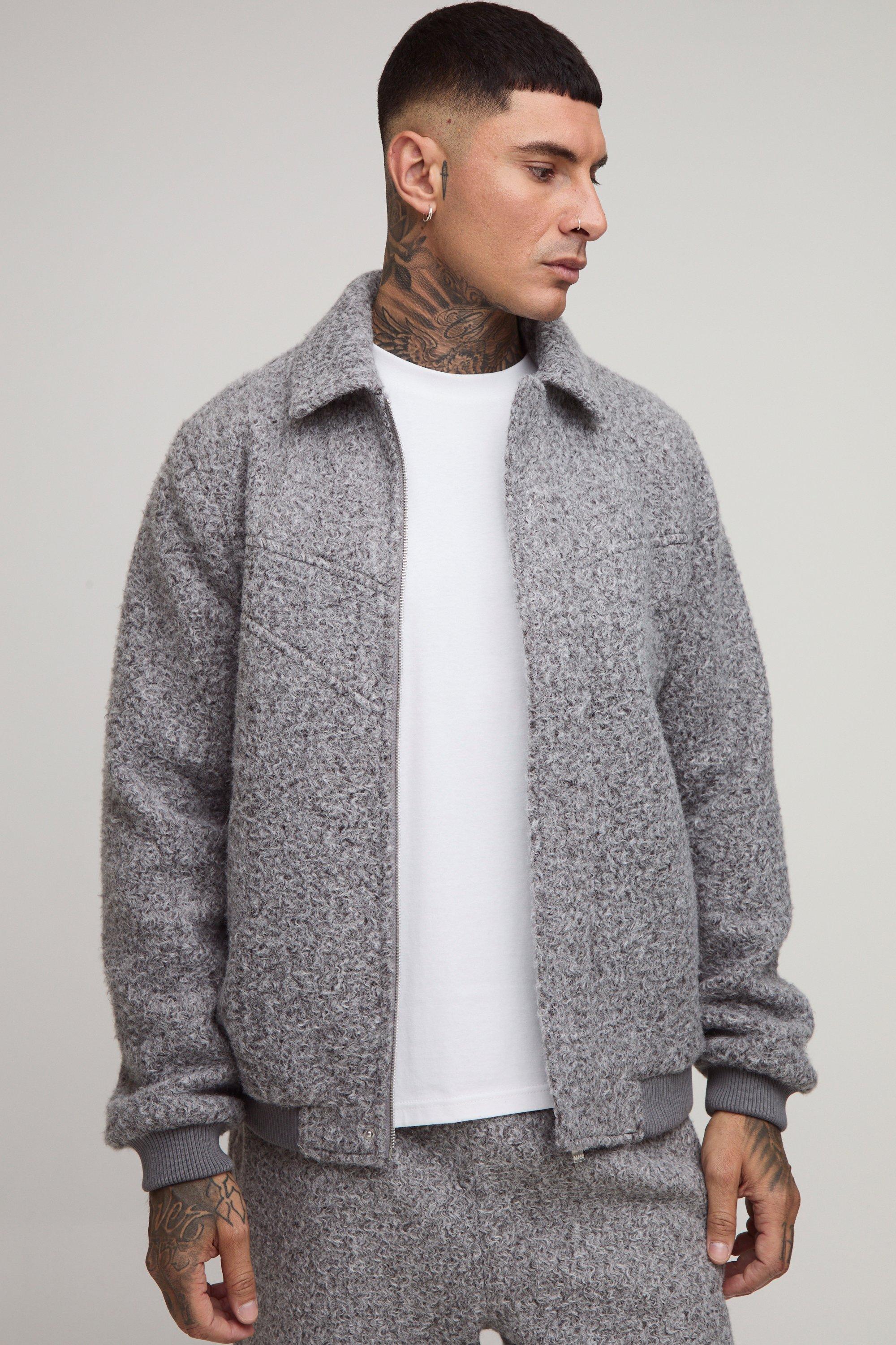 Mens Grey Tall Wool Look Regular Fit Collared Bomber Jacket, Grey