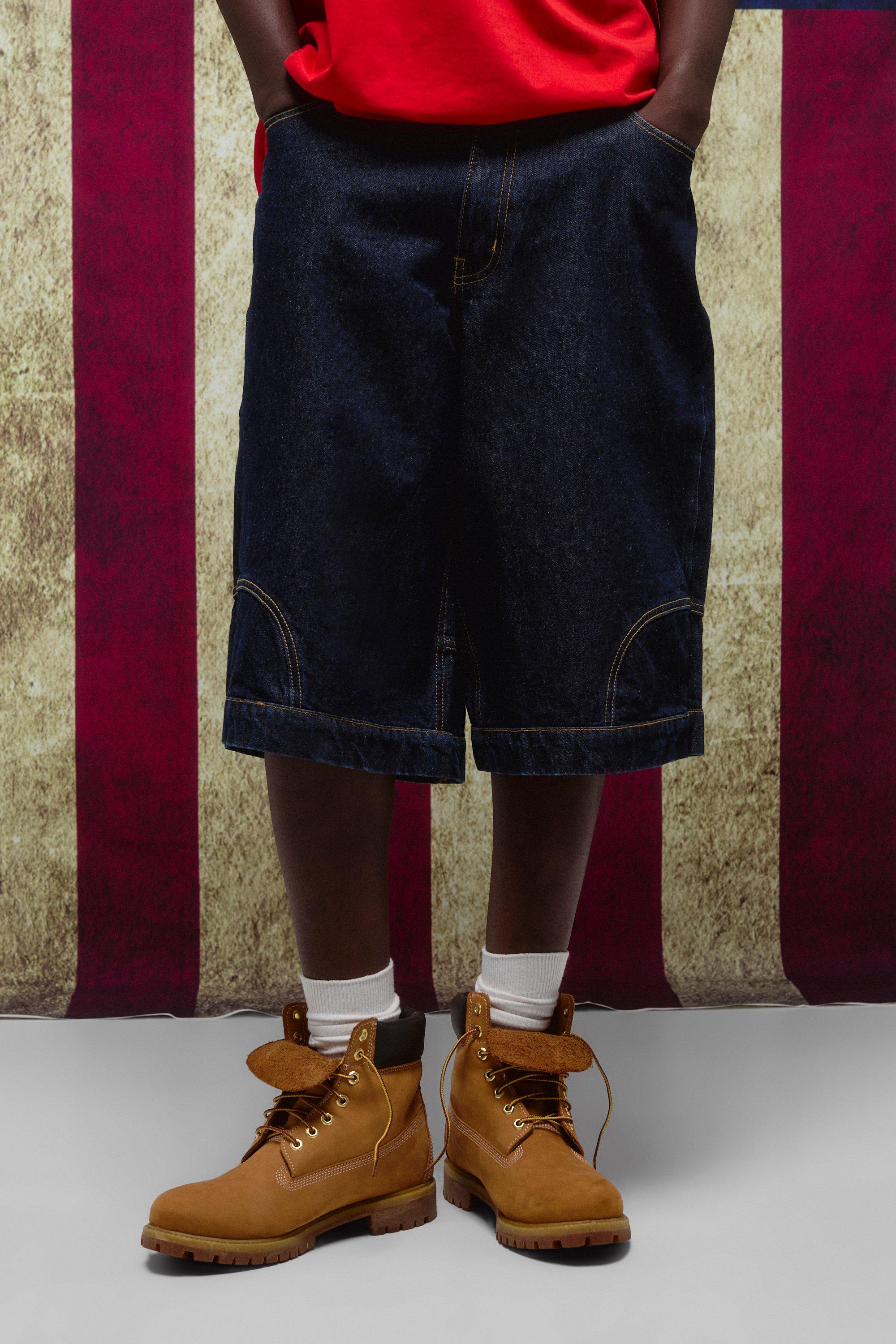 Mens Blue Longline Deconstructed Denim Jorts, Blue
