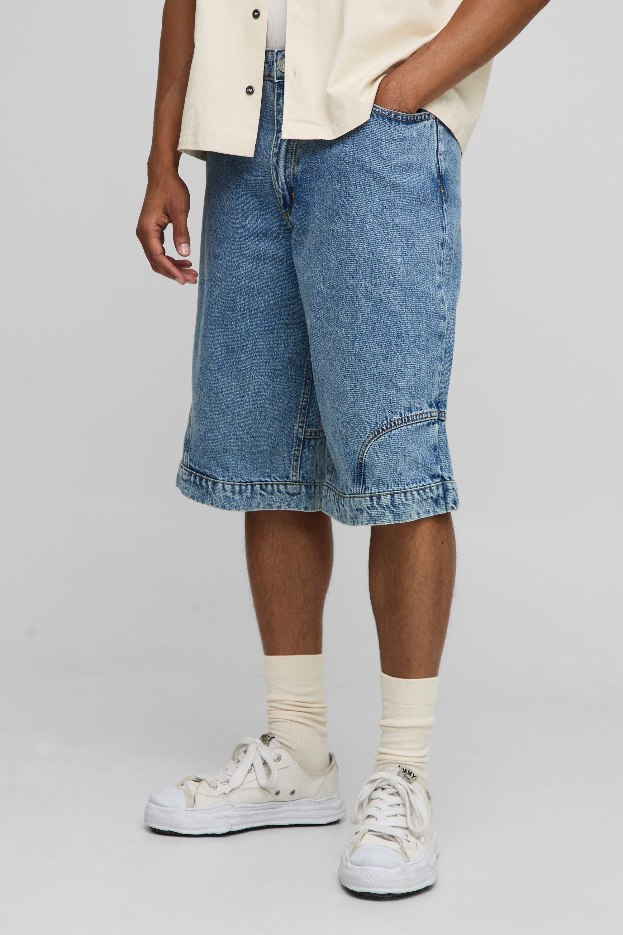 Mens Blue Longline Deconstructed Denim Jorts, Blue