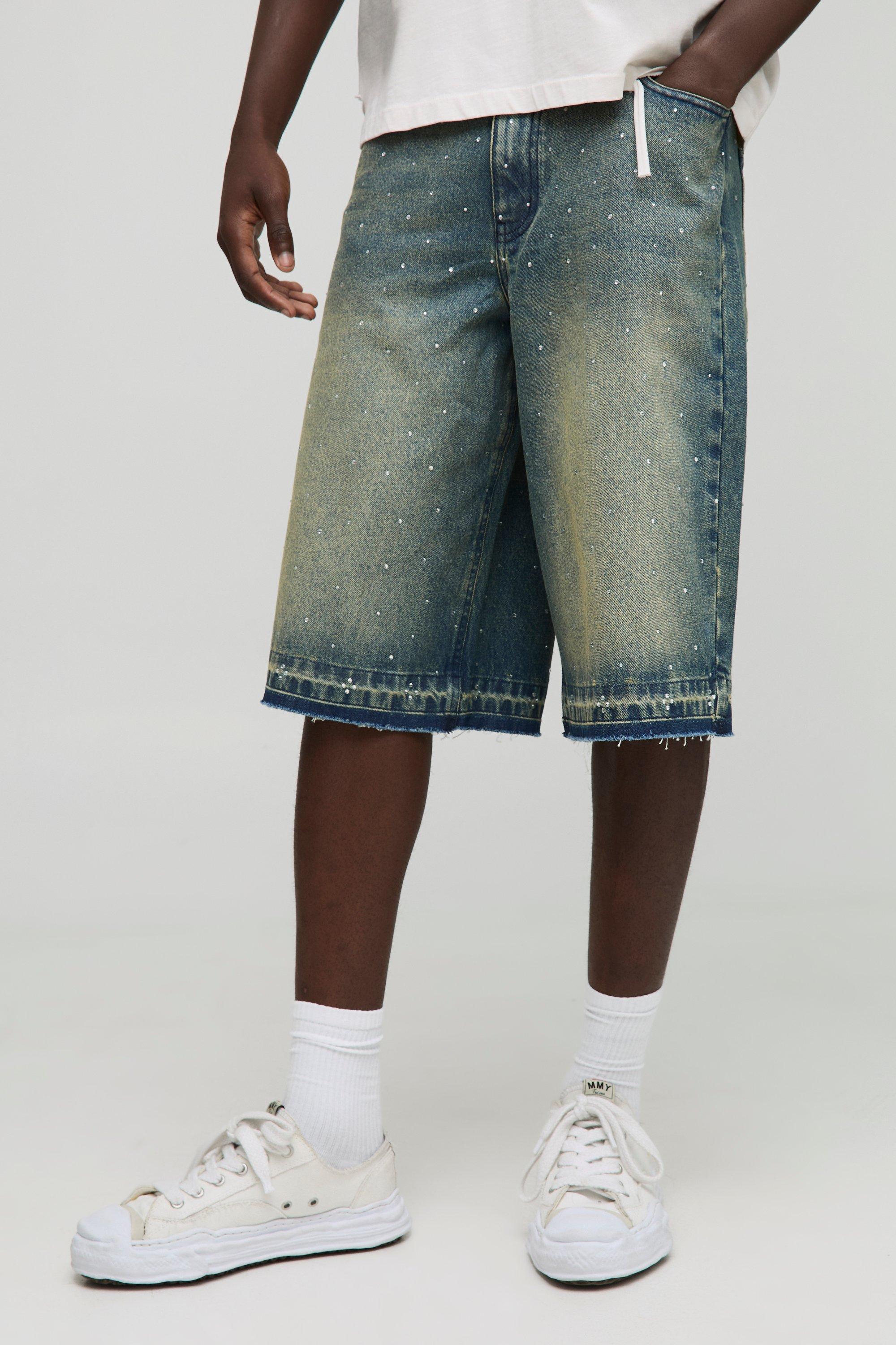 Mens Blue Longline Embellished Let Down Hem Denim Jorts, Blue