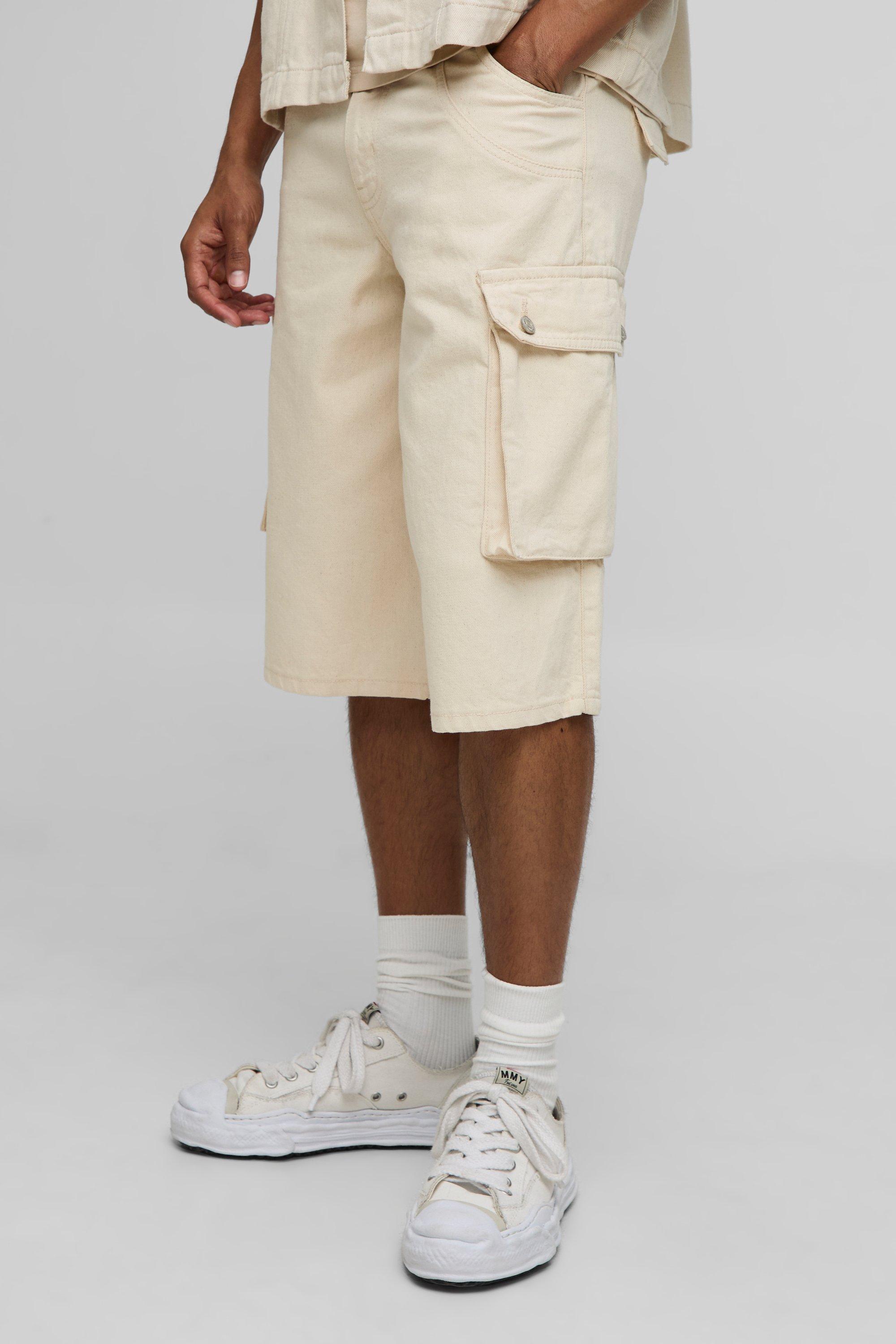 Mens Cream Longline Cargo Denim Jorts, Cream