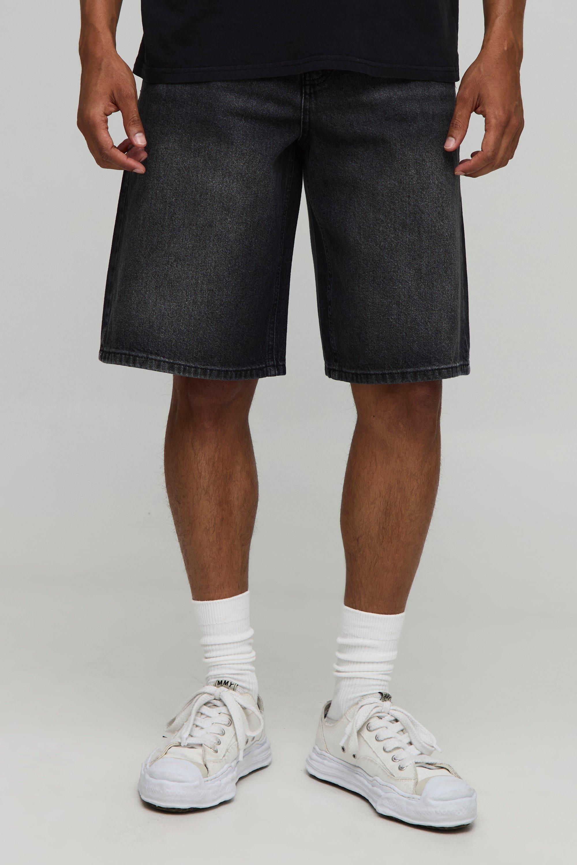 Mens Black Baggy Fit Washed Denim Shorts, Black