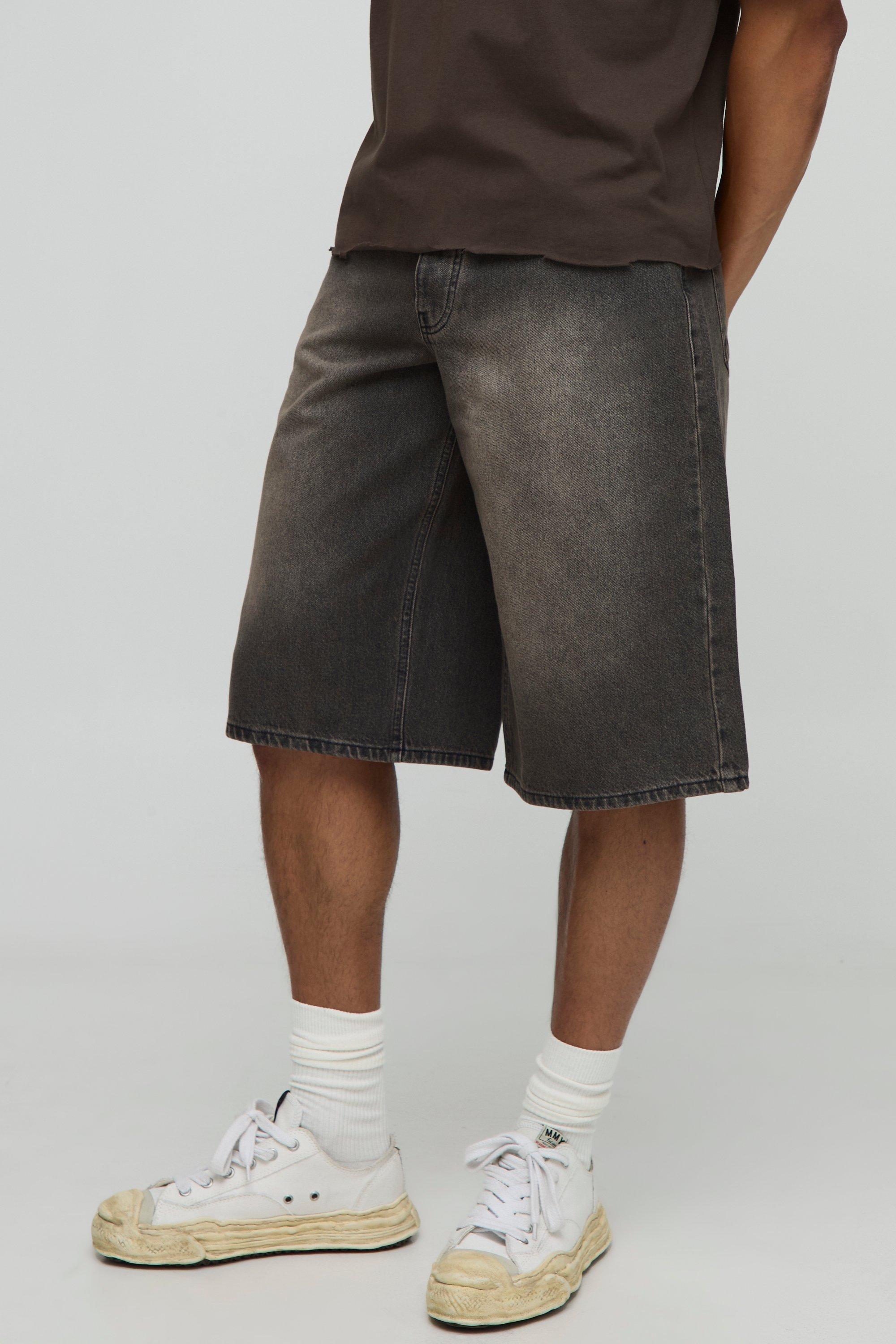 Mens Brown Longline Washed Tinted Denim Jorts, Brown
