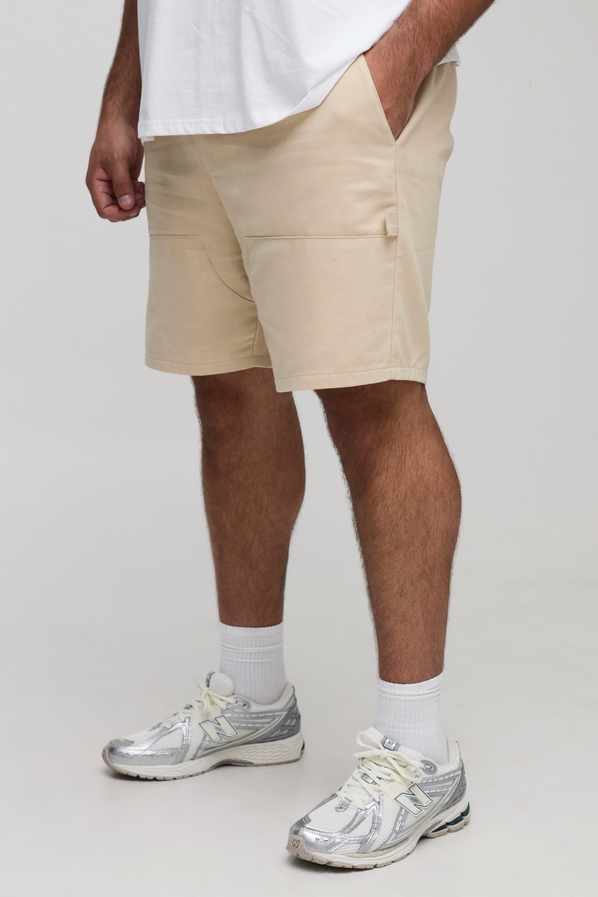 Mens Beige Plus Elasticated Waist Relaxed Fit Carpenter Shorts, Beige