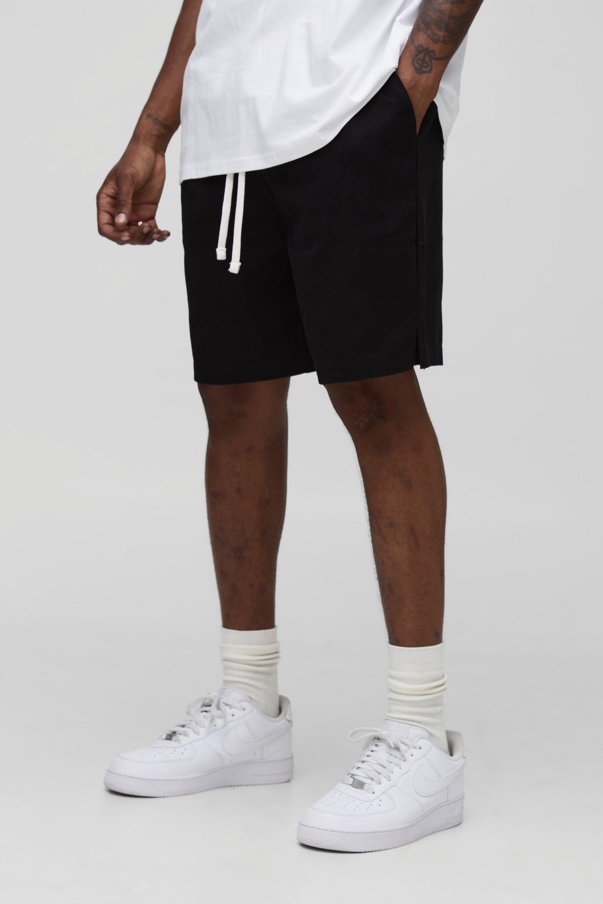 Mens Black Tall Elasticated Waist Baggy Fit Split Hem Shorts, Black