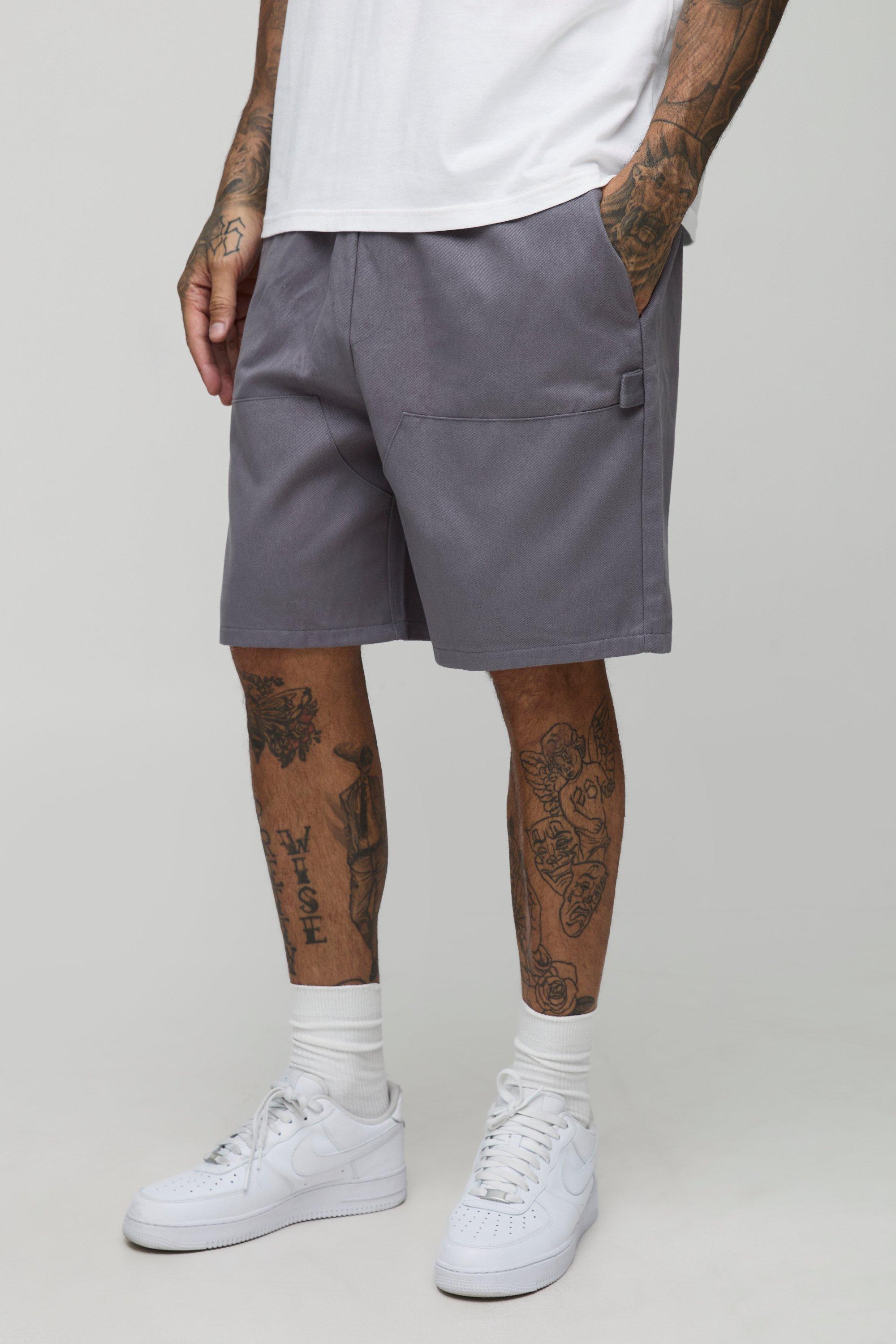 Mens Grey Tall Elasticated Waist Relaxed Fit Carpenter Shorts, Grey