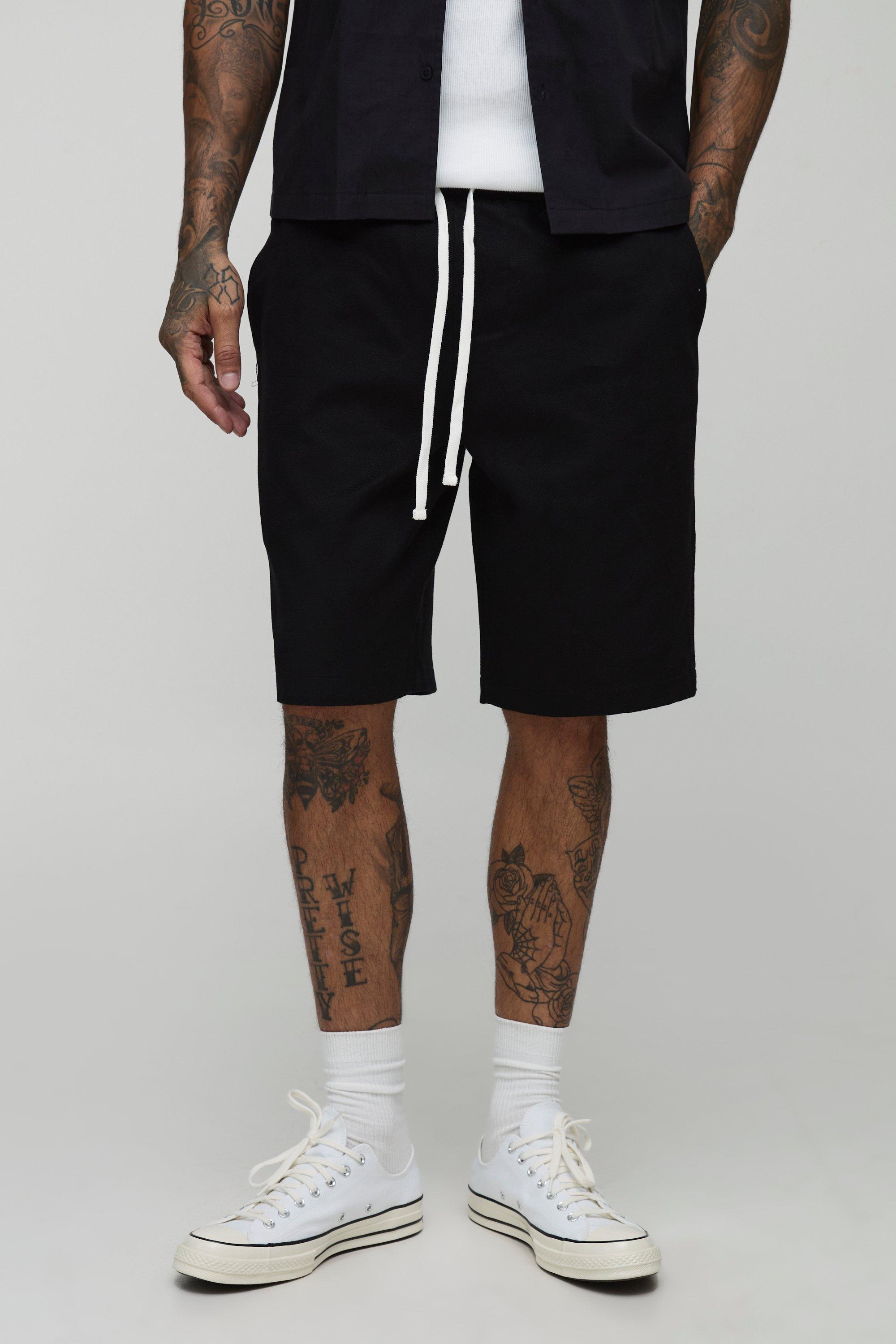 Mens Black Tall Elasticated Waist Baggy Fit Shorts, Black