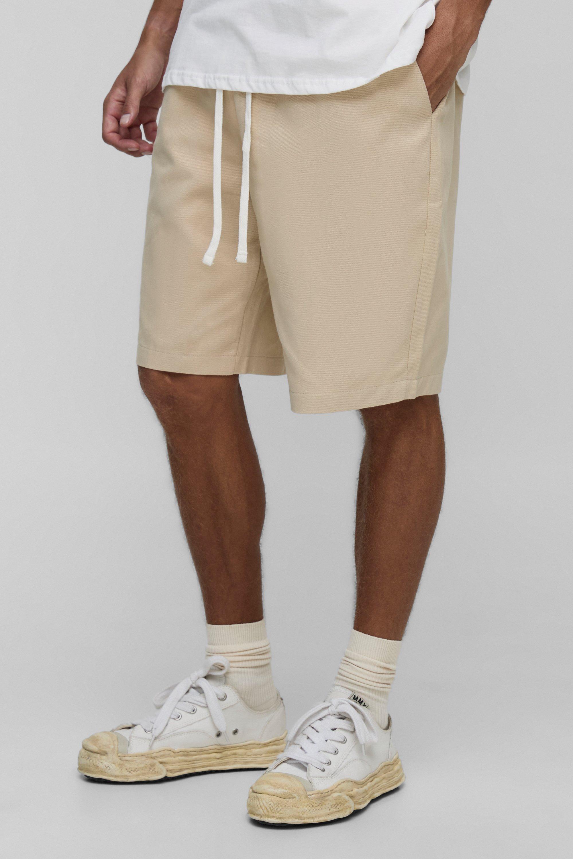 Mens Beige Tall Elasticated Waist Baggy Fit Shorts, Beige