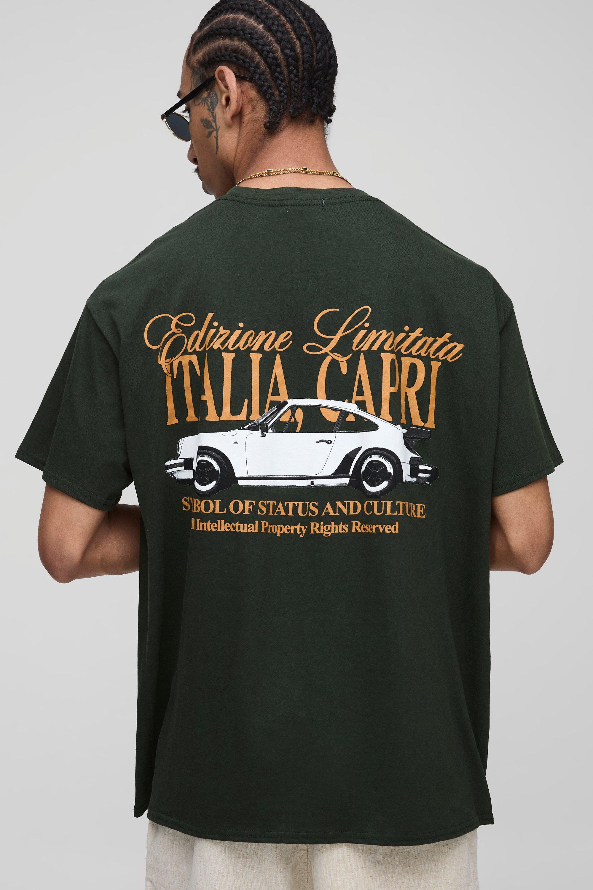 Mens Green Oversized Capri Moto Print T-Shirt, Green