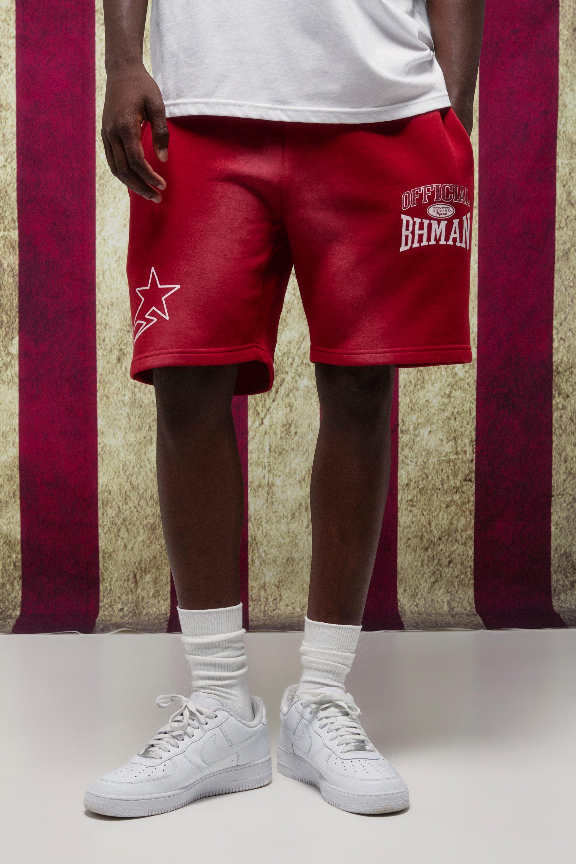 Mens Red Relaxed Spray Washed Graphic Jersey Shorts, Red