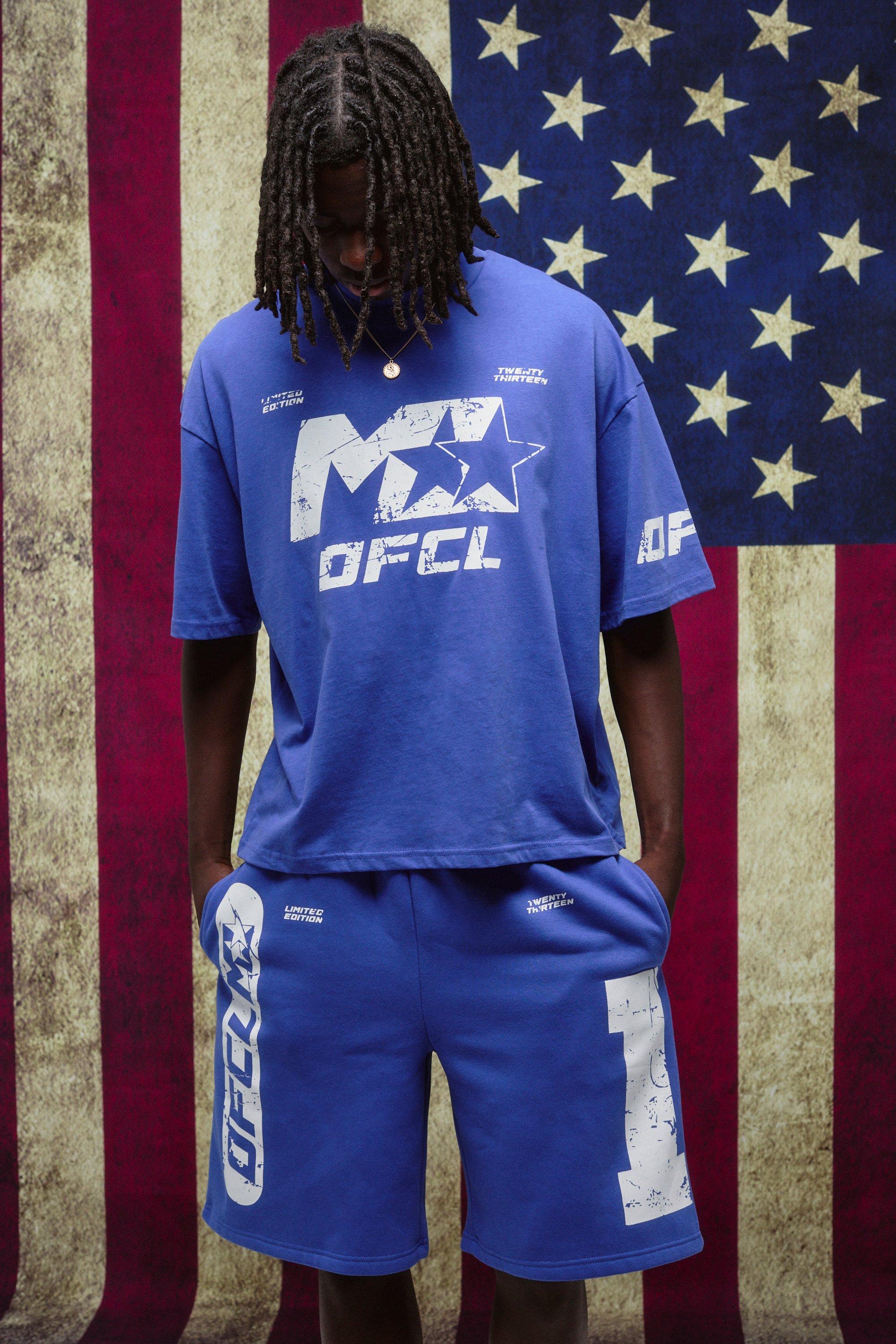 Mens Blue Oversized Boxy Extended Neck Graphic T-Shirt And Oversized Short Set, Blue