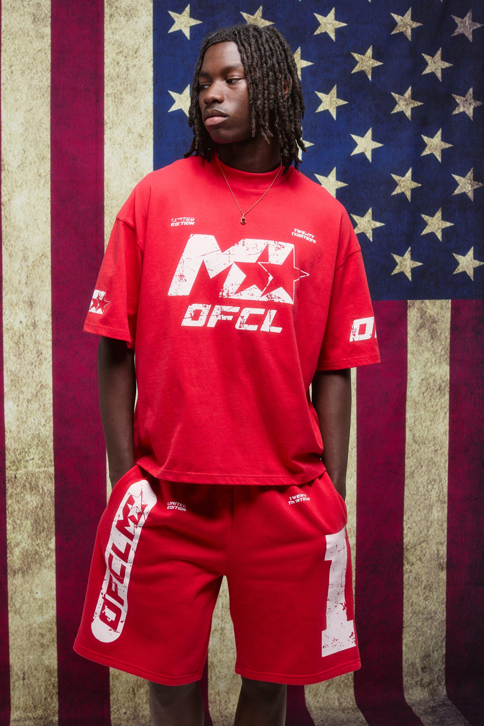 Mens Red Oversized Boxy Extended Neck Graphic T-Shirt And Oversized Short Set, Red