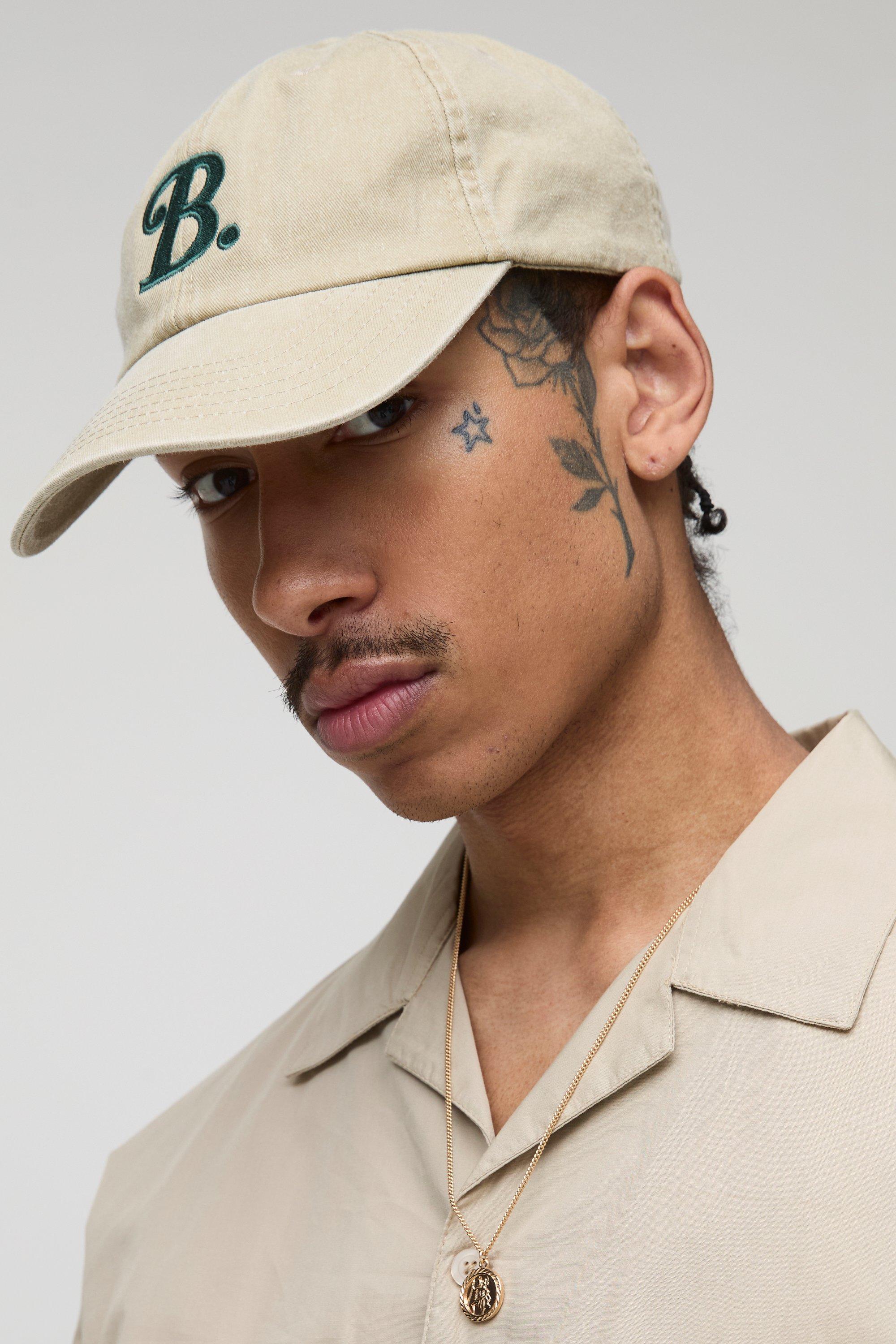 Mens Cream B Embroidered Cap, Cream
