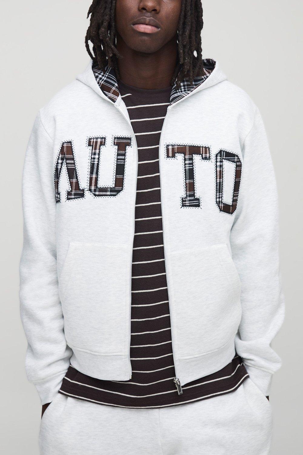 Image of Grey Check Applique Zip Through Hoodie, Grigio