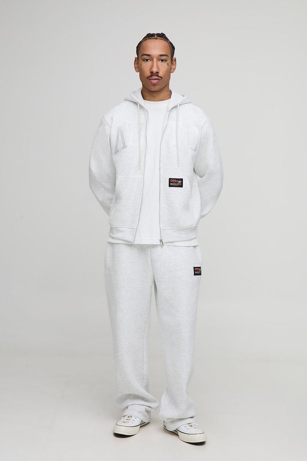 Mens Grey Boxy Zip Through Embroidered Straight Leg Tracksuit, Grey