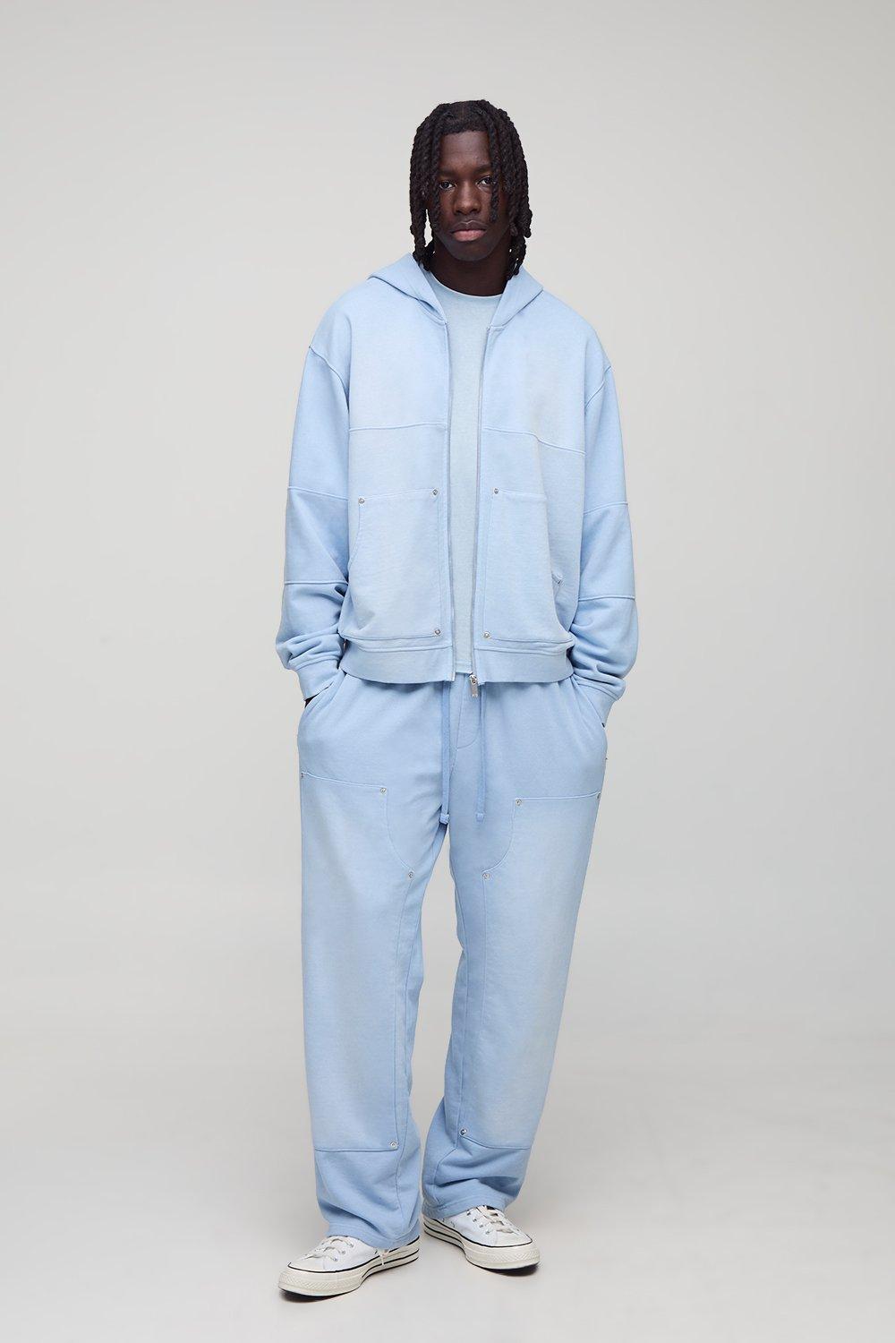 Image of Blue Oversized Boxy Stone Washed Straight Leg Carpenter Tracksuit, Azzurro