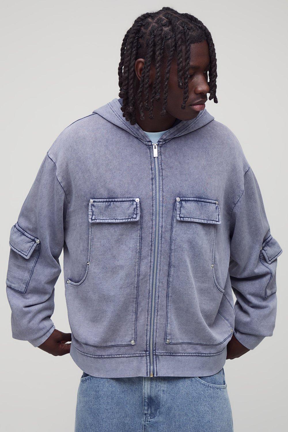 Image of Navy Oversized Boxy Carpenter Zip Through Hoodie, Navy