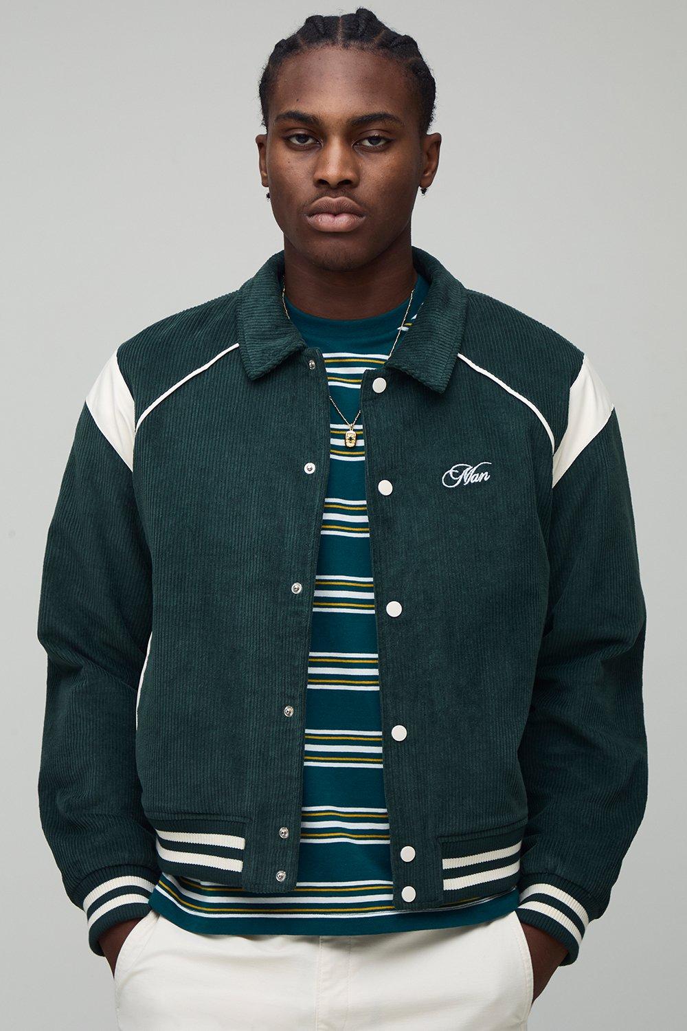 Image of Regular Fit PU Panel Cord Back Applique Bomber Jacket, Verde
