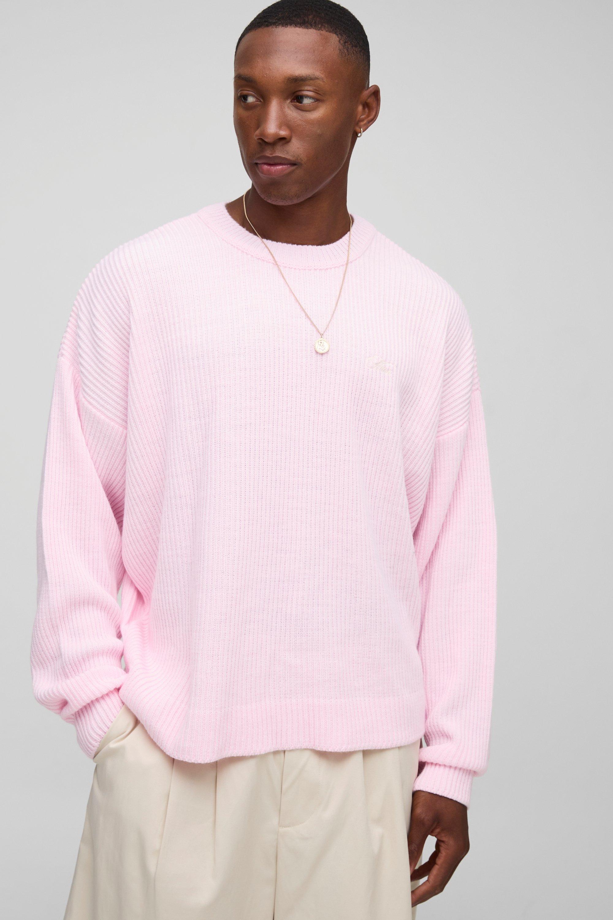 Mens Pink Man Embroidered Oversized Boxy Ribbed Knitted Jumper, Pink