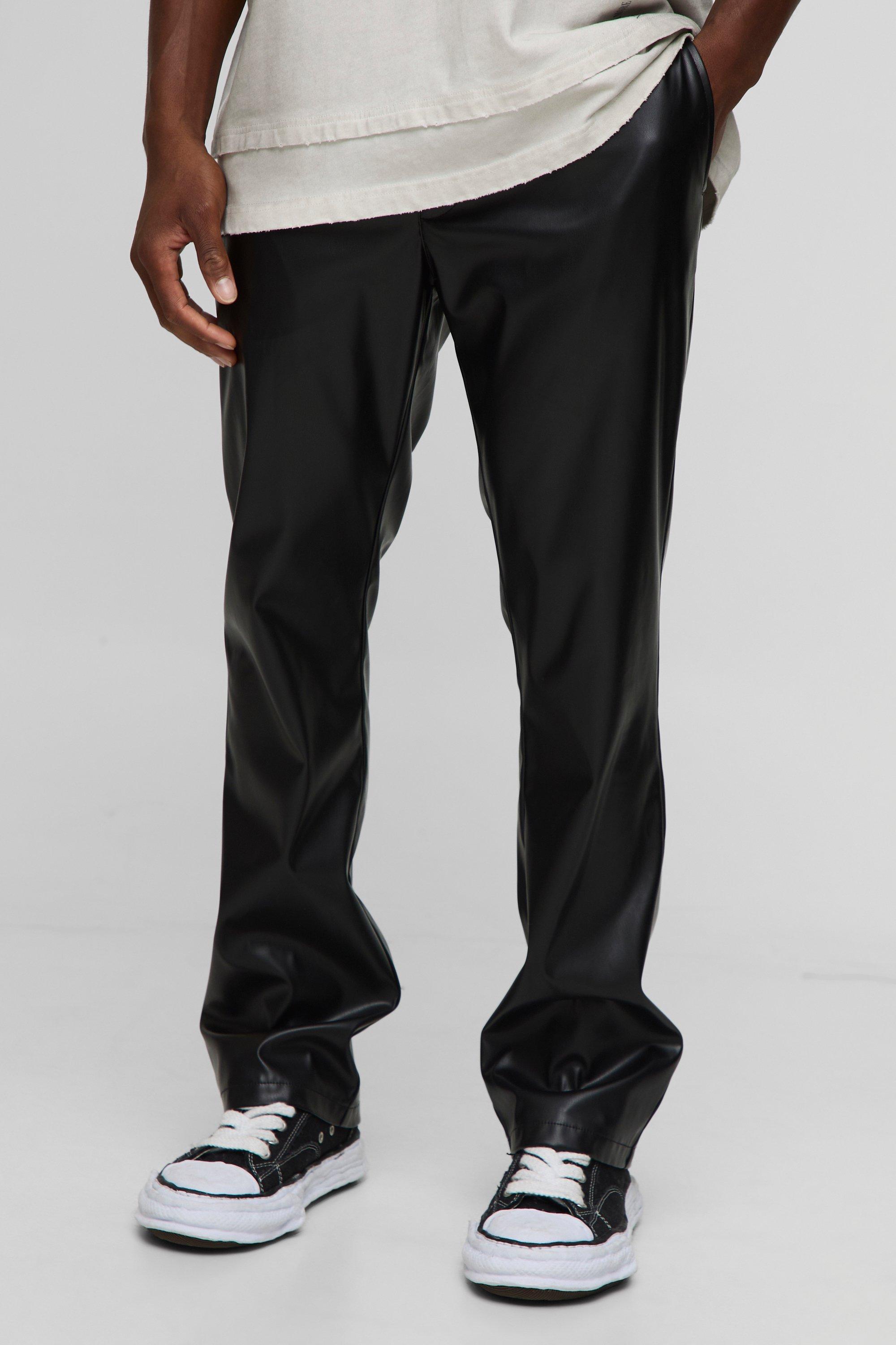 Mens Black Slim Fit PU Flared Trousers, Black