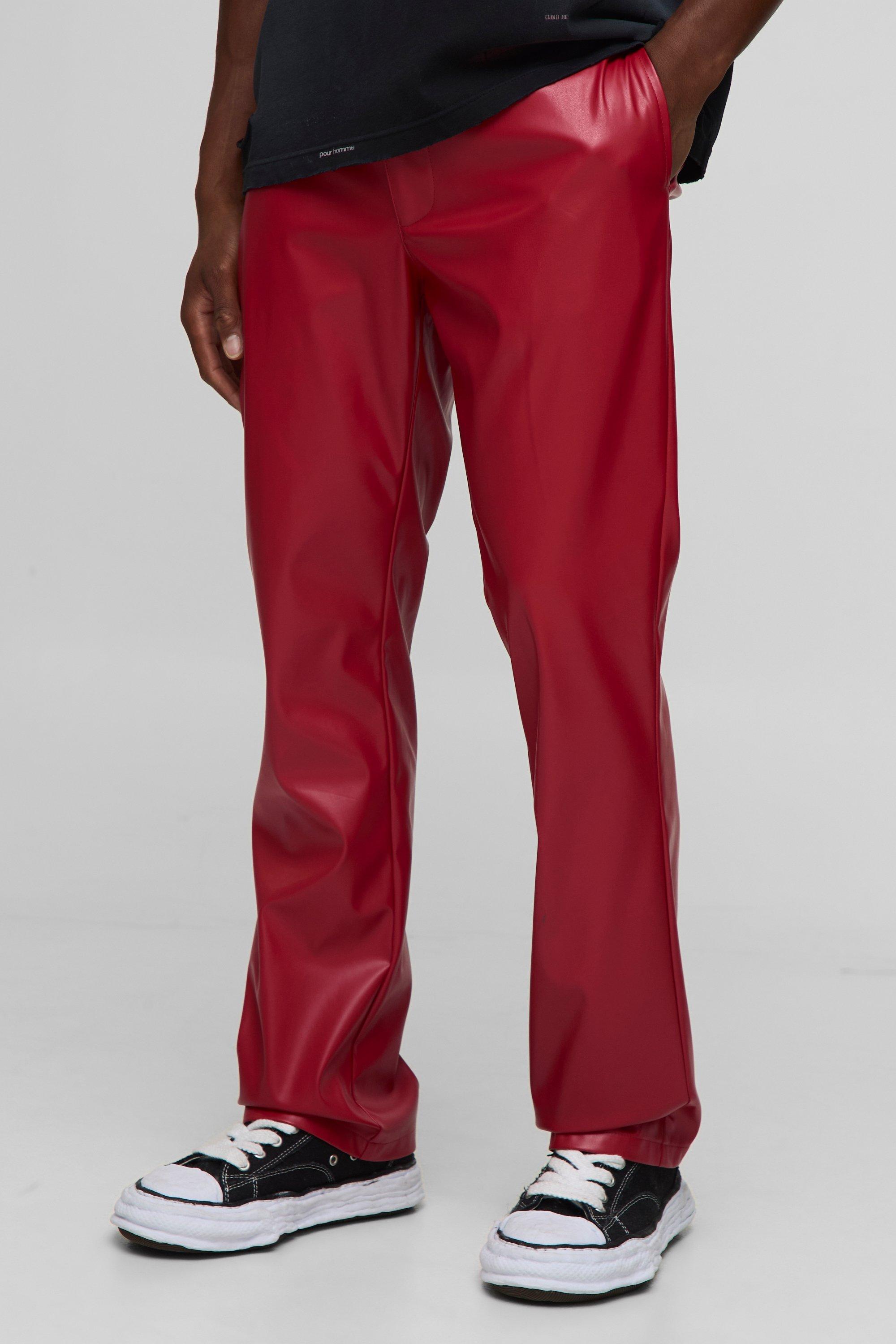 Mens Slim Fit PU Flared Trousers, Red