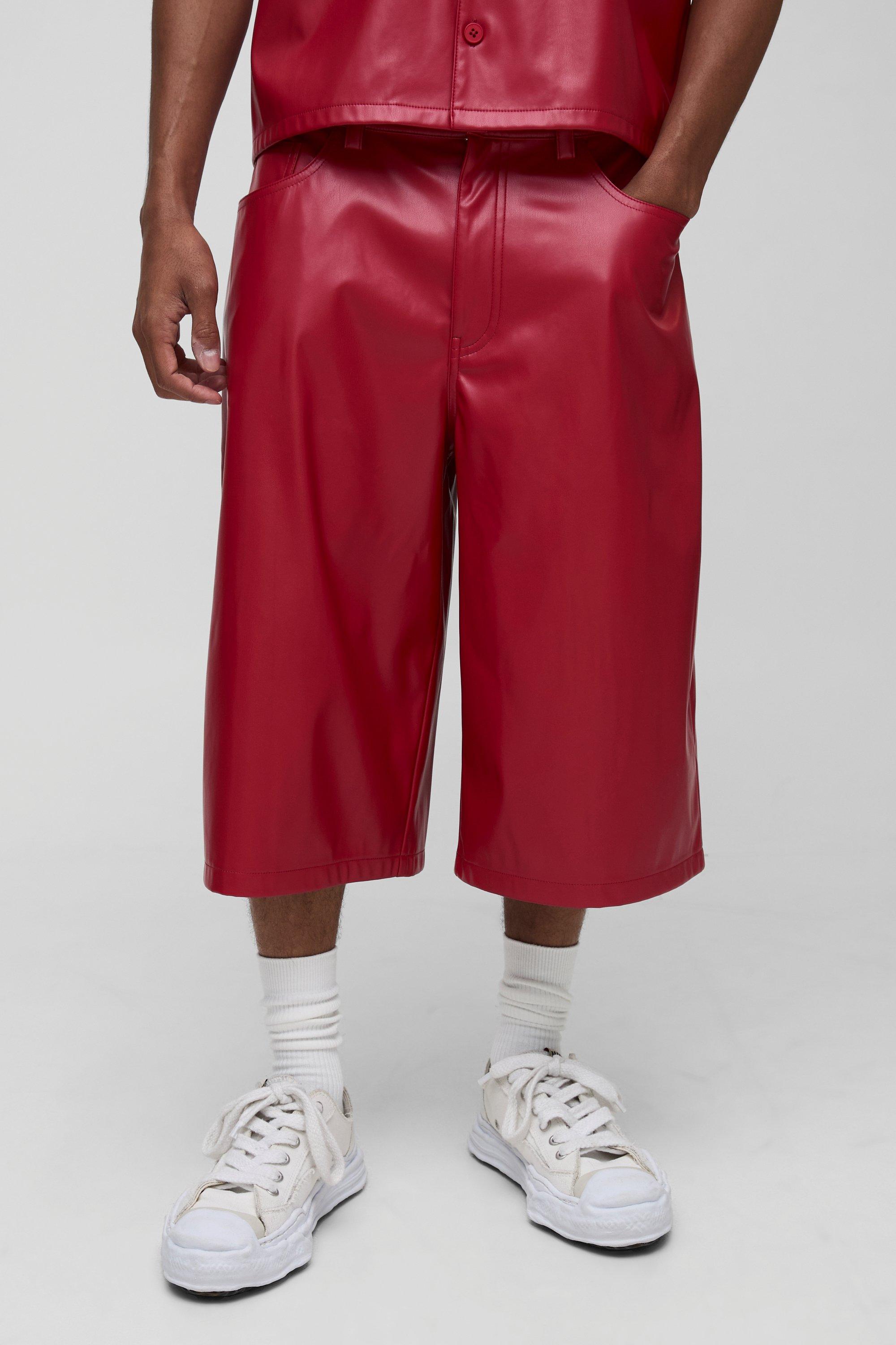 Mens Red Longline PU Shorts, Red