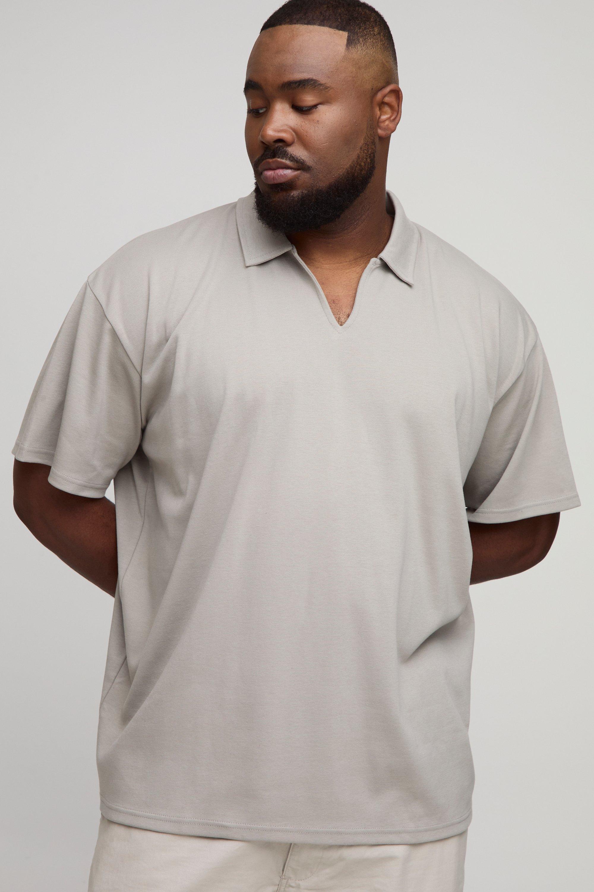 Mens Grey Plus Oversized Interlock V Neck Polo, Grey