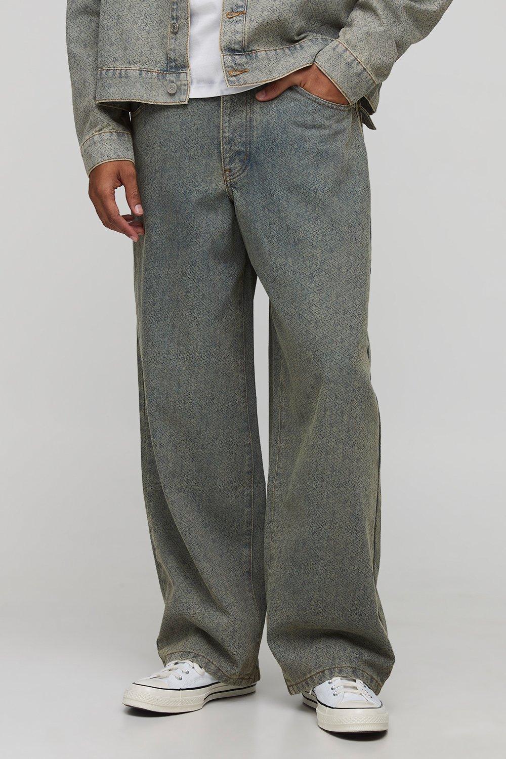 Image of Super Baggy Fit Washed Monogram Jeans, Azzurro