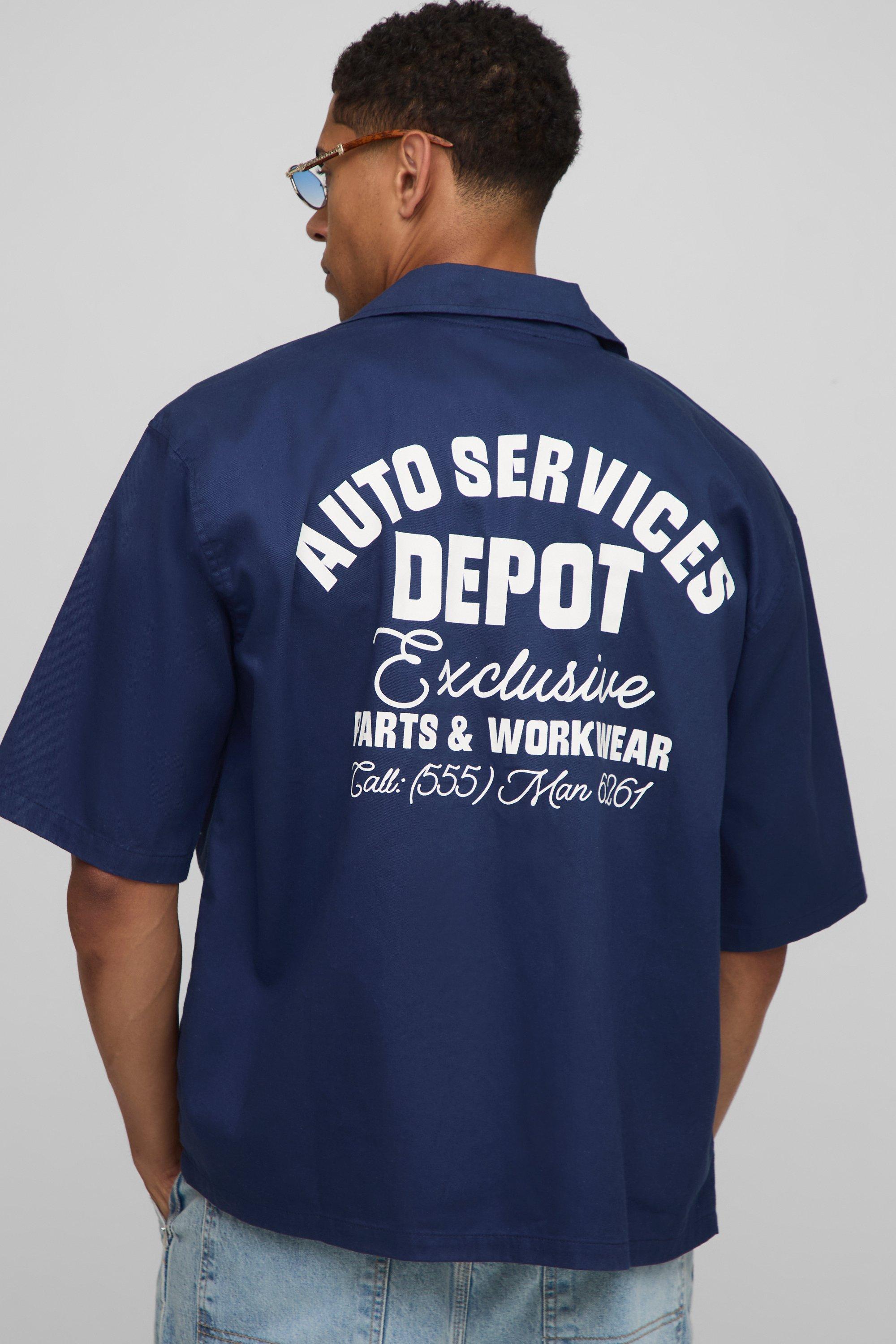 Image of Oversized Auto Services Washed Collared Shirt, Navy