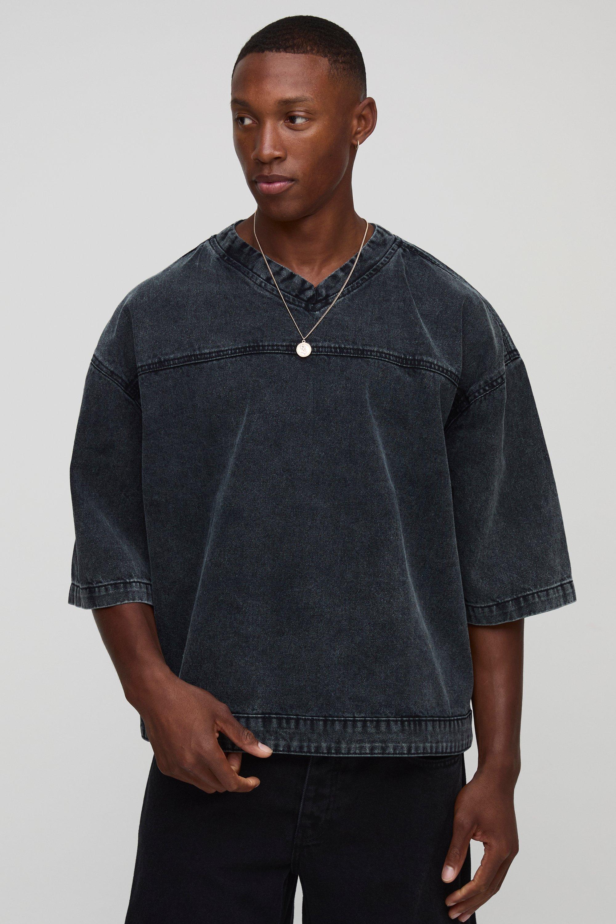 Oversized Boxy V Neck Denim Hockey T-Shirt