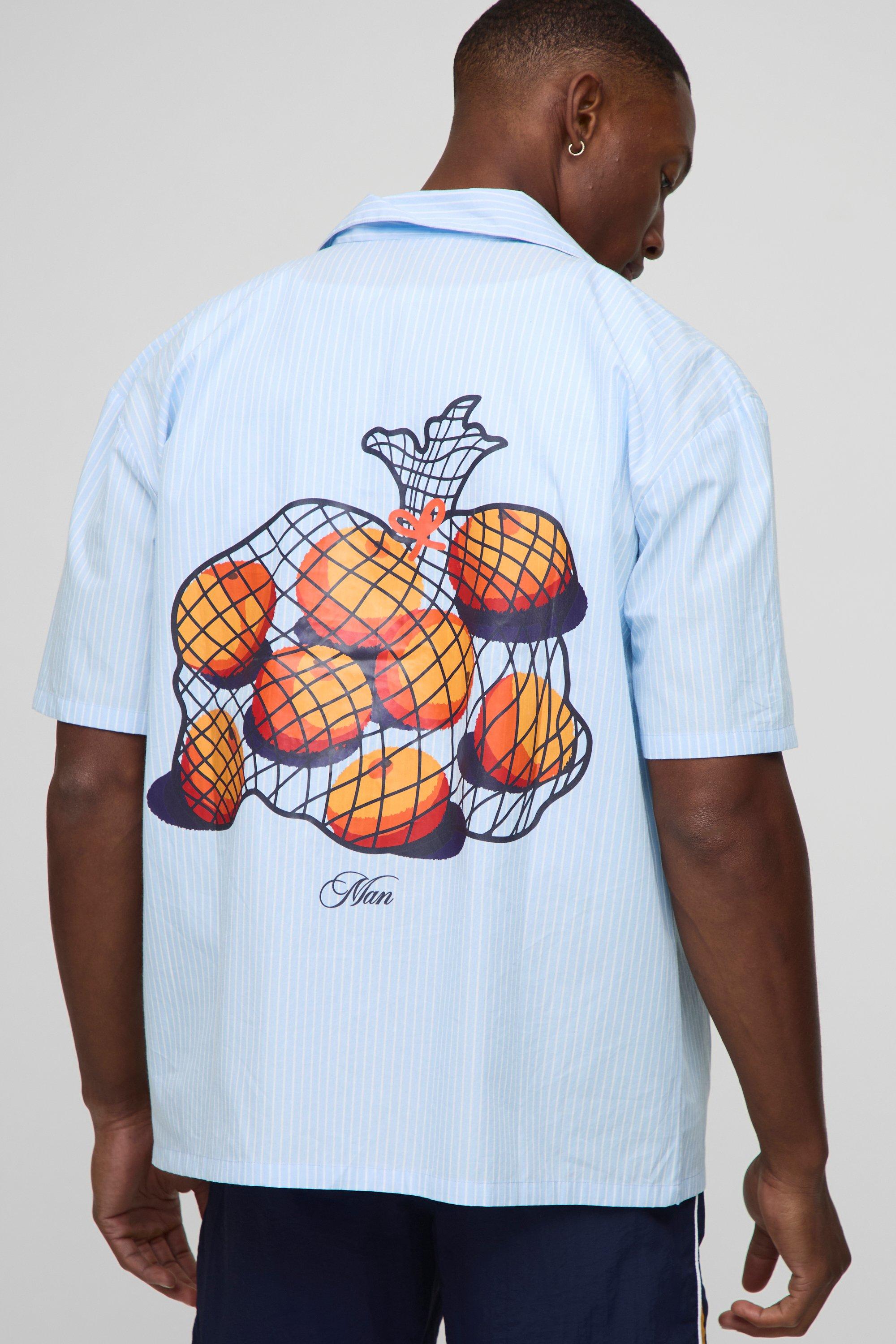 Image of Oversized Revere Fruit Print Stripe Shirt, Azzurro