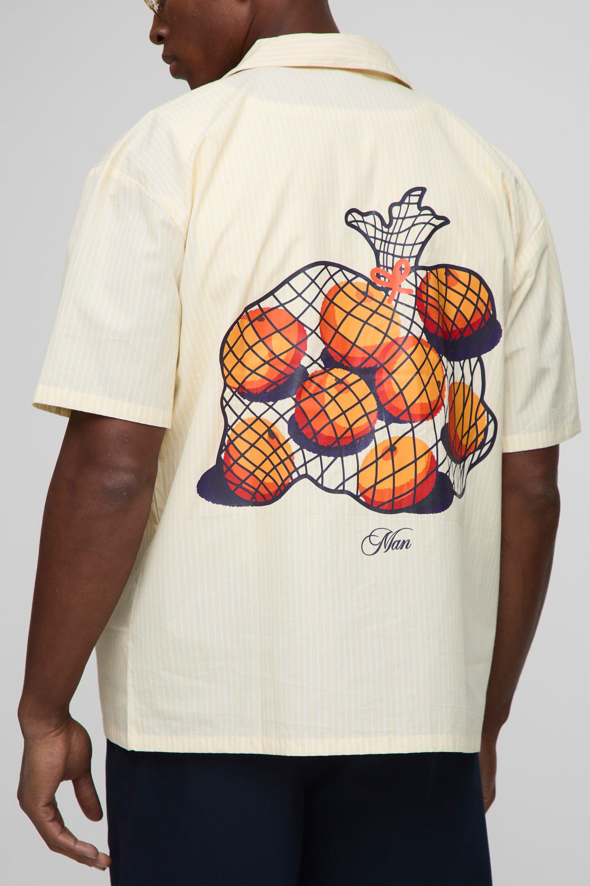 Mens Yellow Oversized Revere Fruit Print Stripe Shirt, Yellow