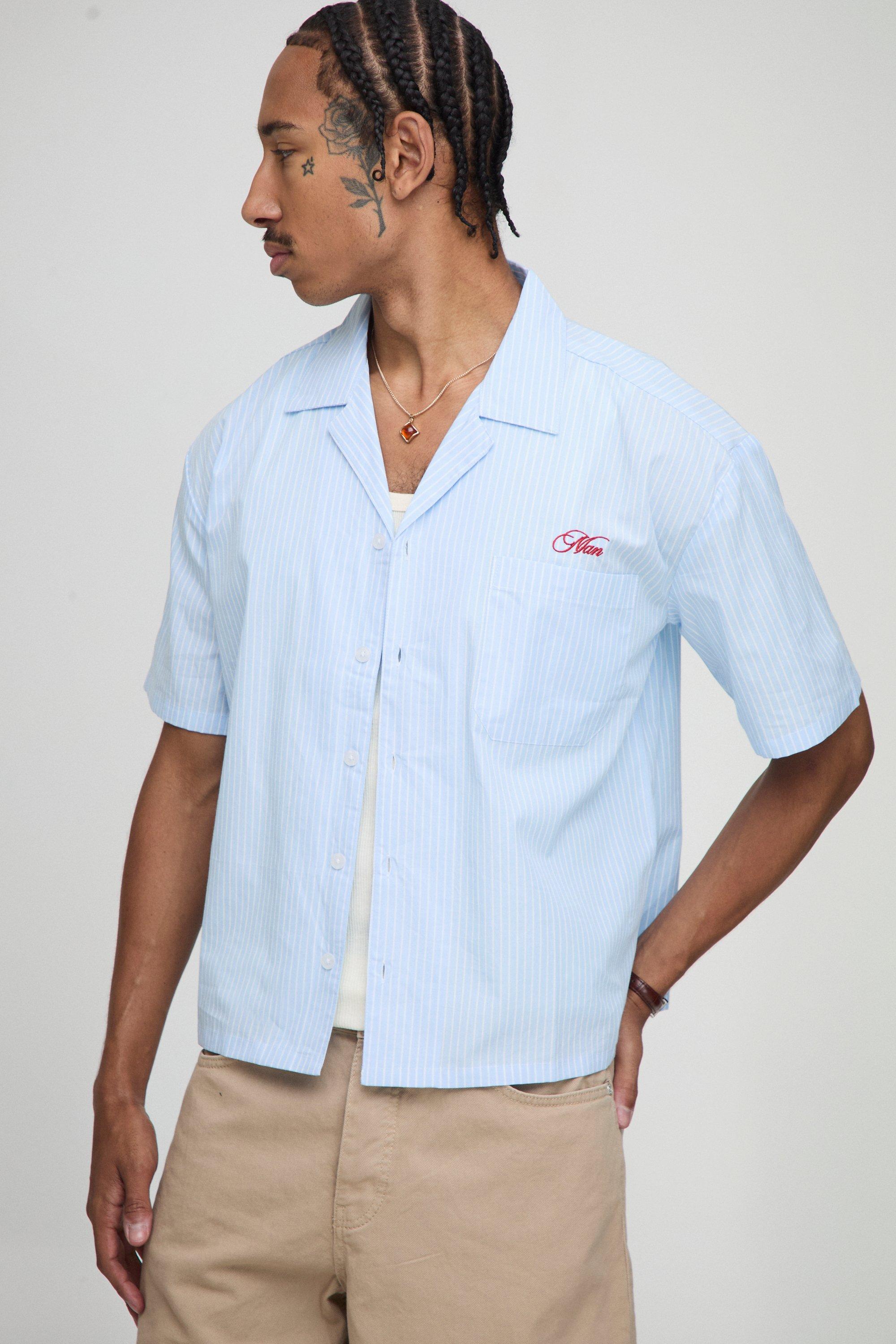 Mens Blue Oversized Boxy Revere Man Embroidered Stripe Shirt, Blue