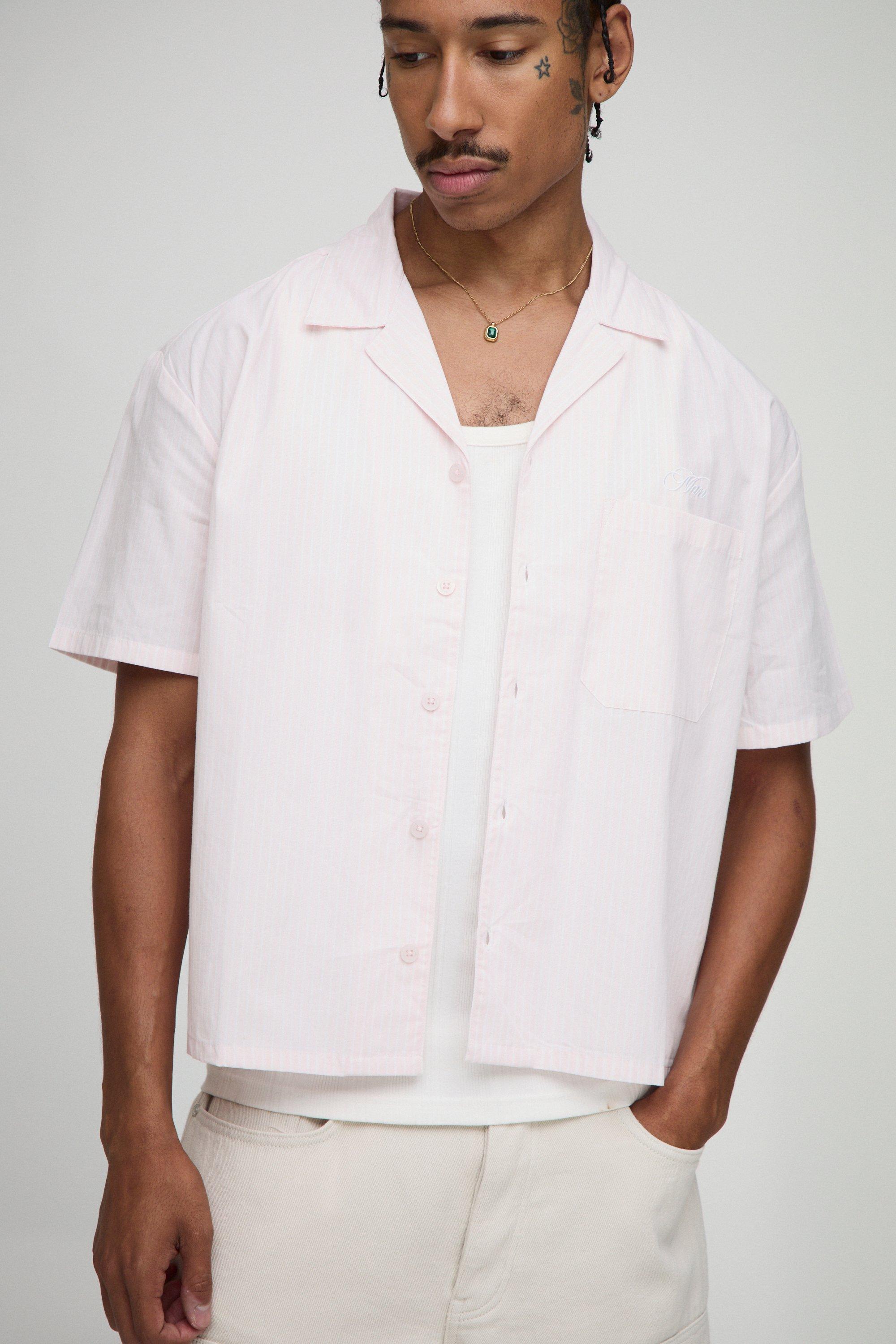 Mens Pink Oversized Boxy Revere Man Embroidered Stripe Shirt, Pink